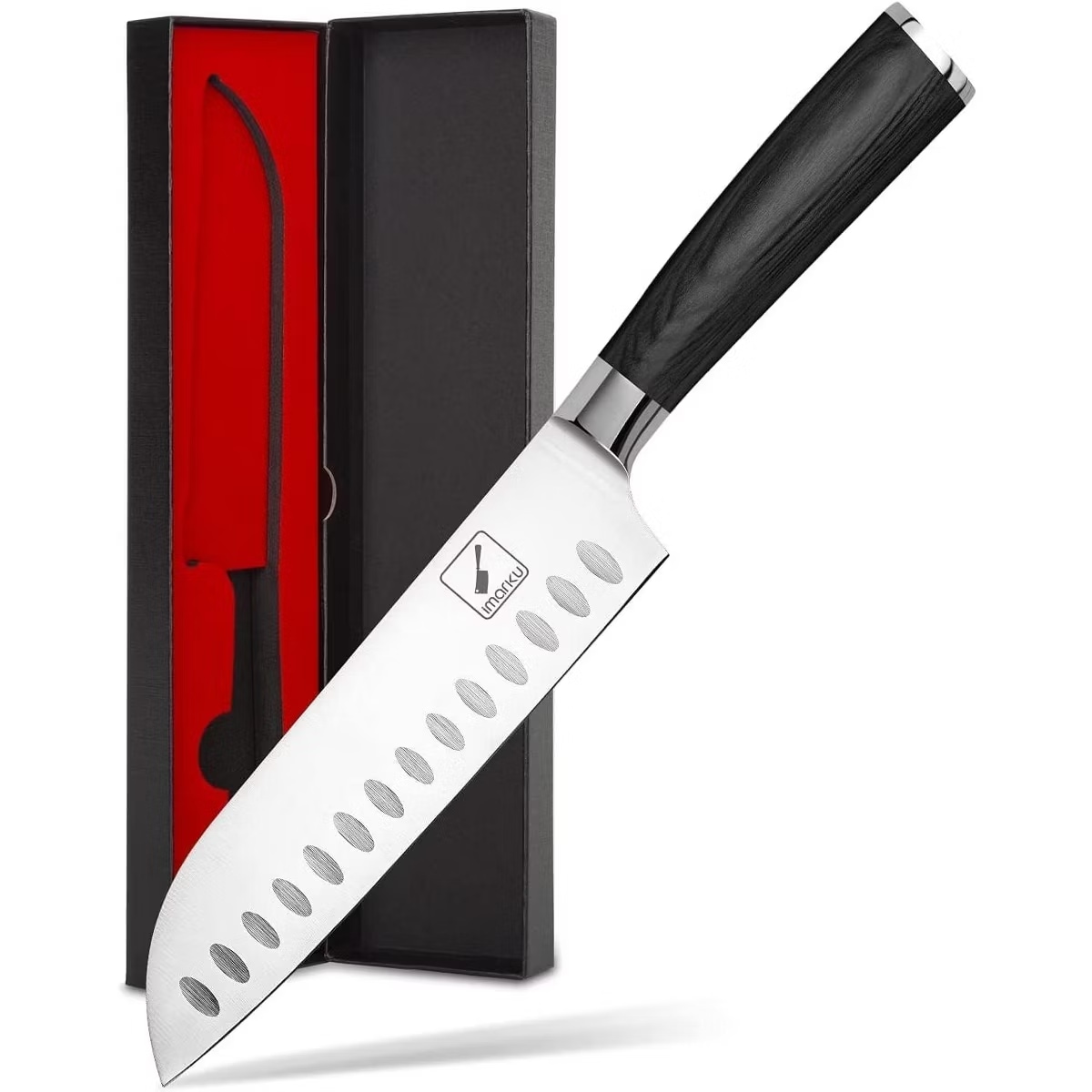 imarku  Santoku Knife 7 in Kitchen Knife Japanese Chef Knife German HC Stainless Steel 7Cr17Mov Black Ergonomic Pakkawood Handle Kitchen Essentials