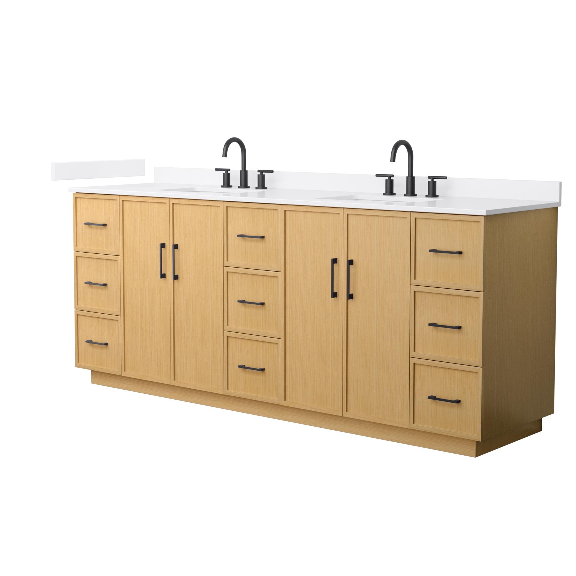 Wyndham Collection WCH747484DIBWQUS3MXX Elan TK 84-in Light Oak with Matte Black Trim Undermount Double Sink Bathroom Vanity with White Quartz Quartz Top