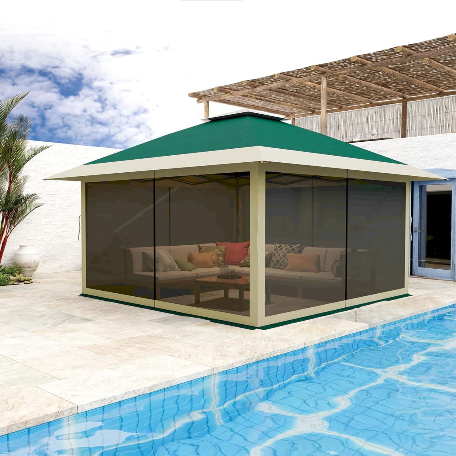 Qeetex LSHQQPHO-12C3T71X 13X13FT Instant Pop-Up Gazebo - Mosquito Netting Adjustable Height Double Roof Design UV-ResistantDark Army Green + Heather Gray