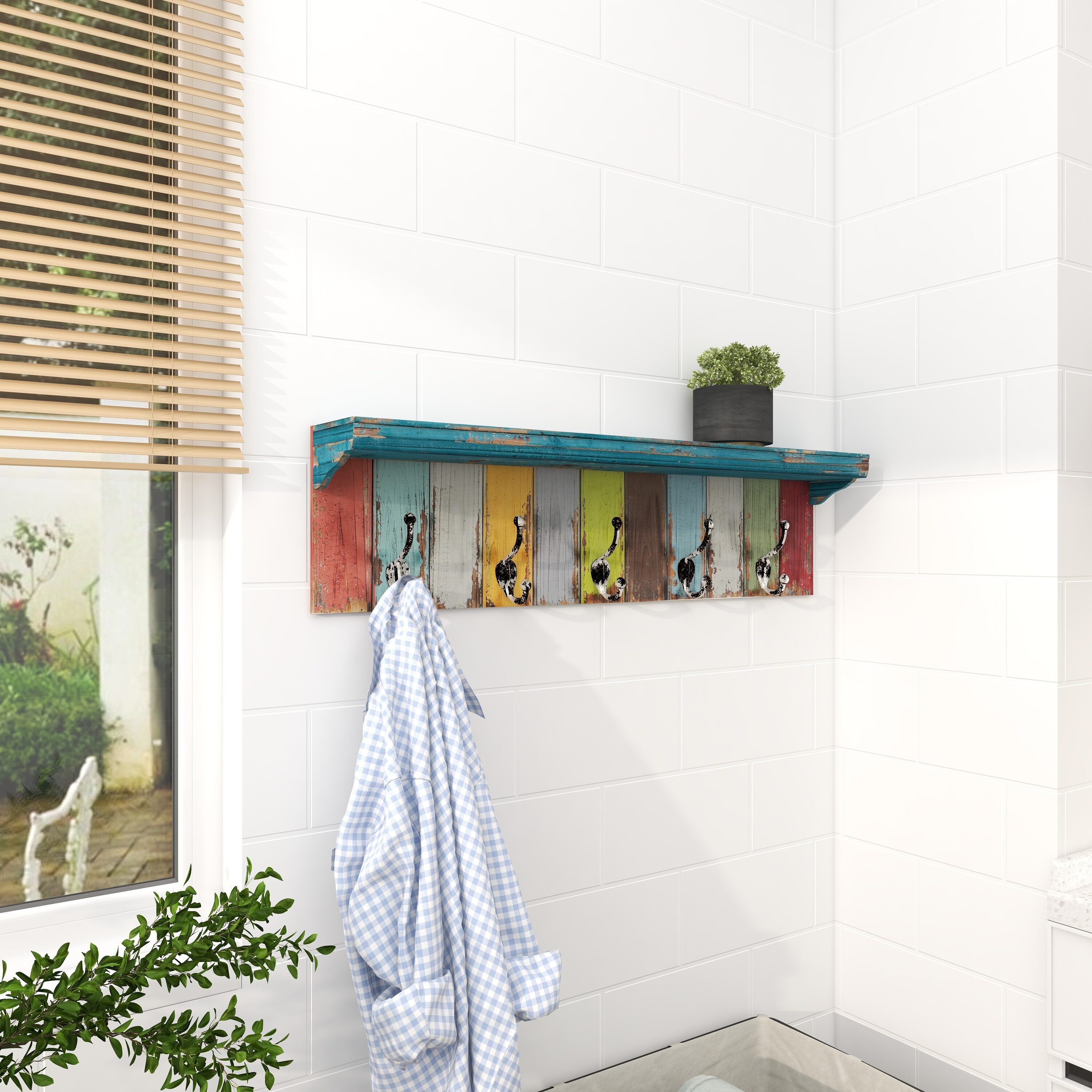Rustic Multicolor Wood and Metal Wall Hook with Shelf