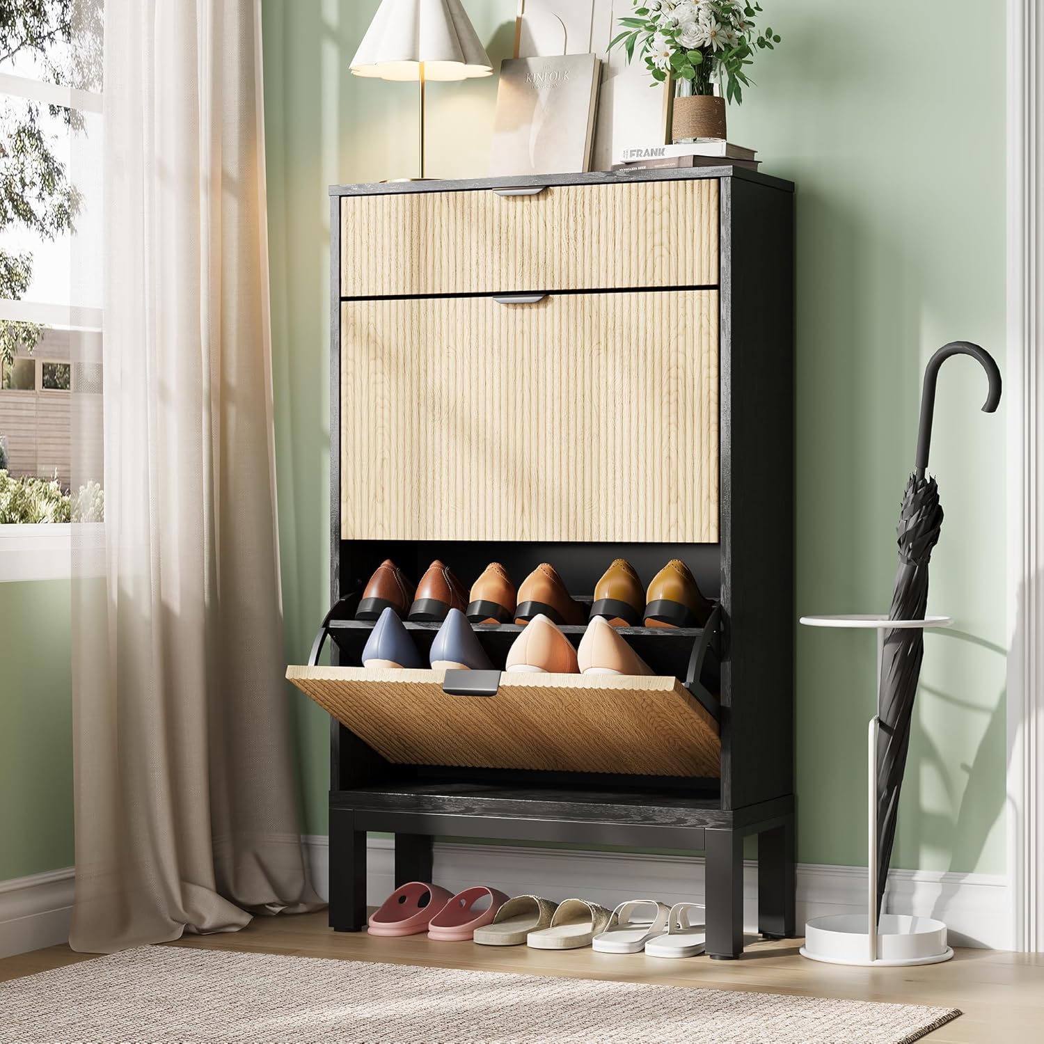 WhizMax DF-PHO-164MVXEE Shoe Storage Cabinet with 2 Flip Drawers And A Drawer-Entryway Cabinet with Adjustable Shelves That Can Accommodate 12 to 20-Space-Saving Narrow Shoe Rack for Entryway-Hallway-Front Door