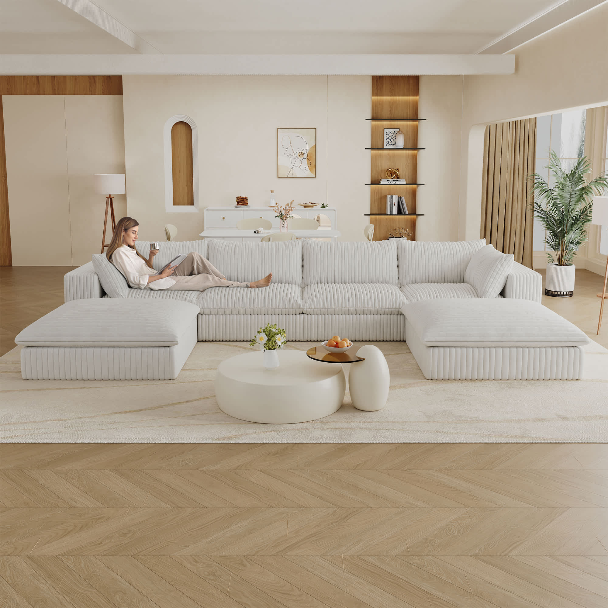 Misty Moon FXLW0403-S00098 157.6 Inch White Corduroy Fabric DIY Combination Cloud Sofa Deep Seat Couches with 2 Ottomans Double-layer design