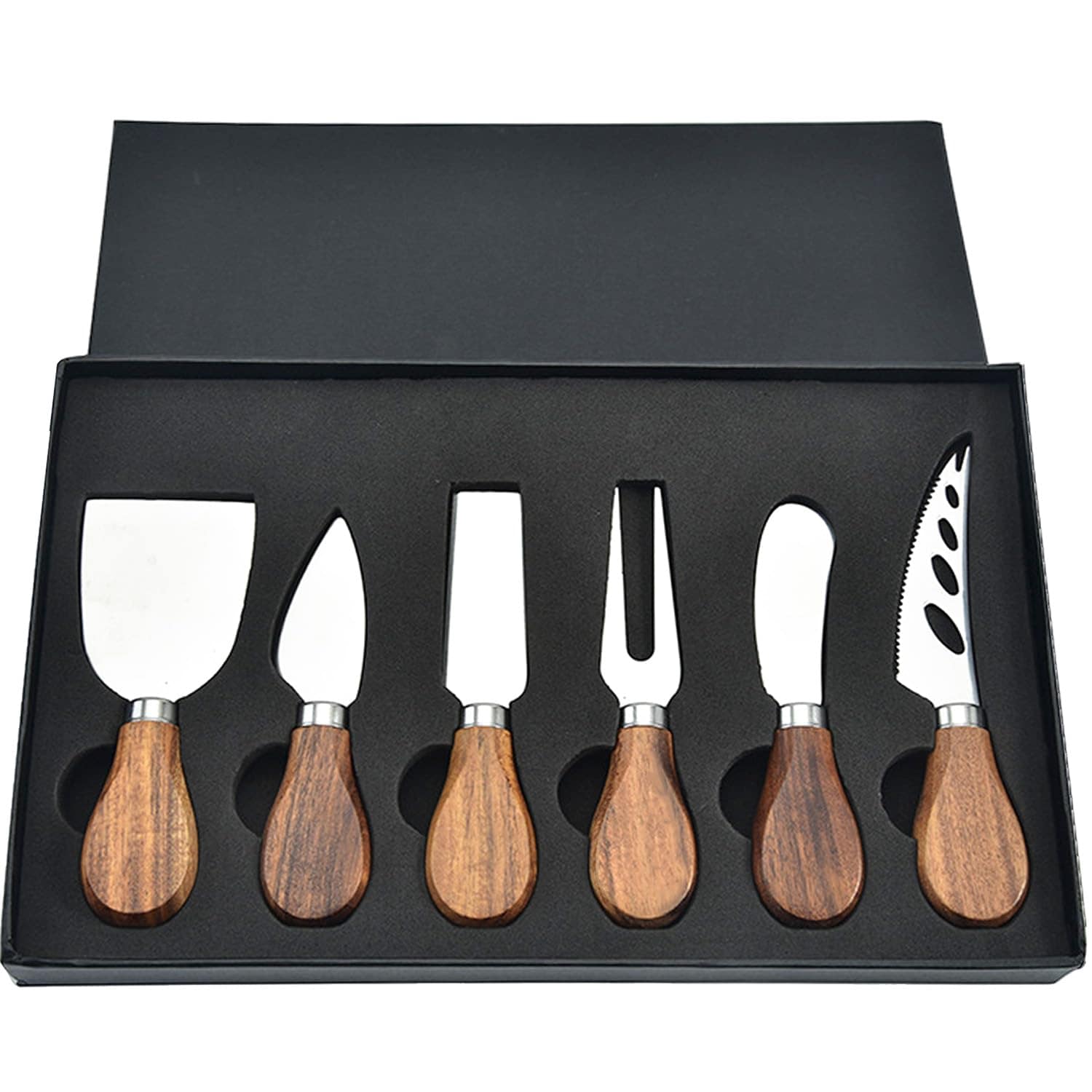 DHMHD 6 Piece Cheese Knife Set with Wood Handle Stainless Steel Blades for Cutting Spreading and Serving Cheese durable home and garden #LDH0814X457
