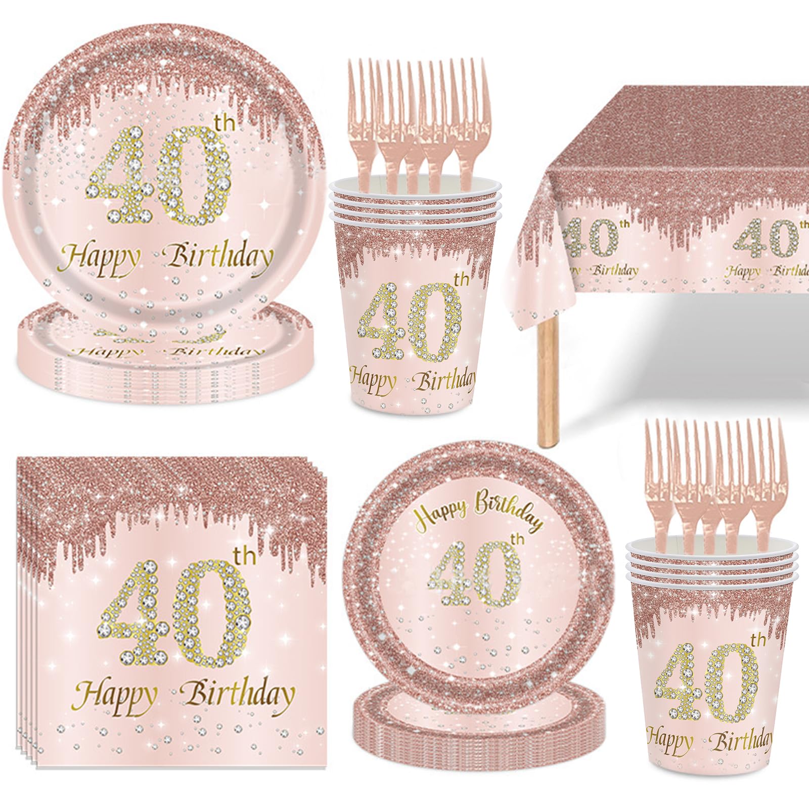 121pcs 40th Birthday Party Supplies Set Rose Gold Includes 24 Plates 24 Cups 24 Forks 24 Napkins 1 Tablecloth 108 x 54 in Serves 24 #LMS0106T16