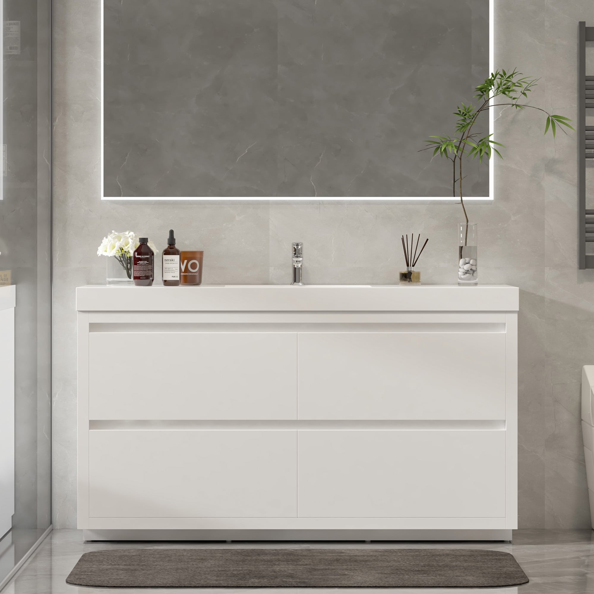 Glossy White 60-Inch Single Sink Bathroom Vanity with Resin Top