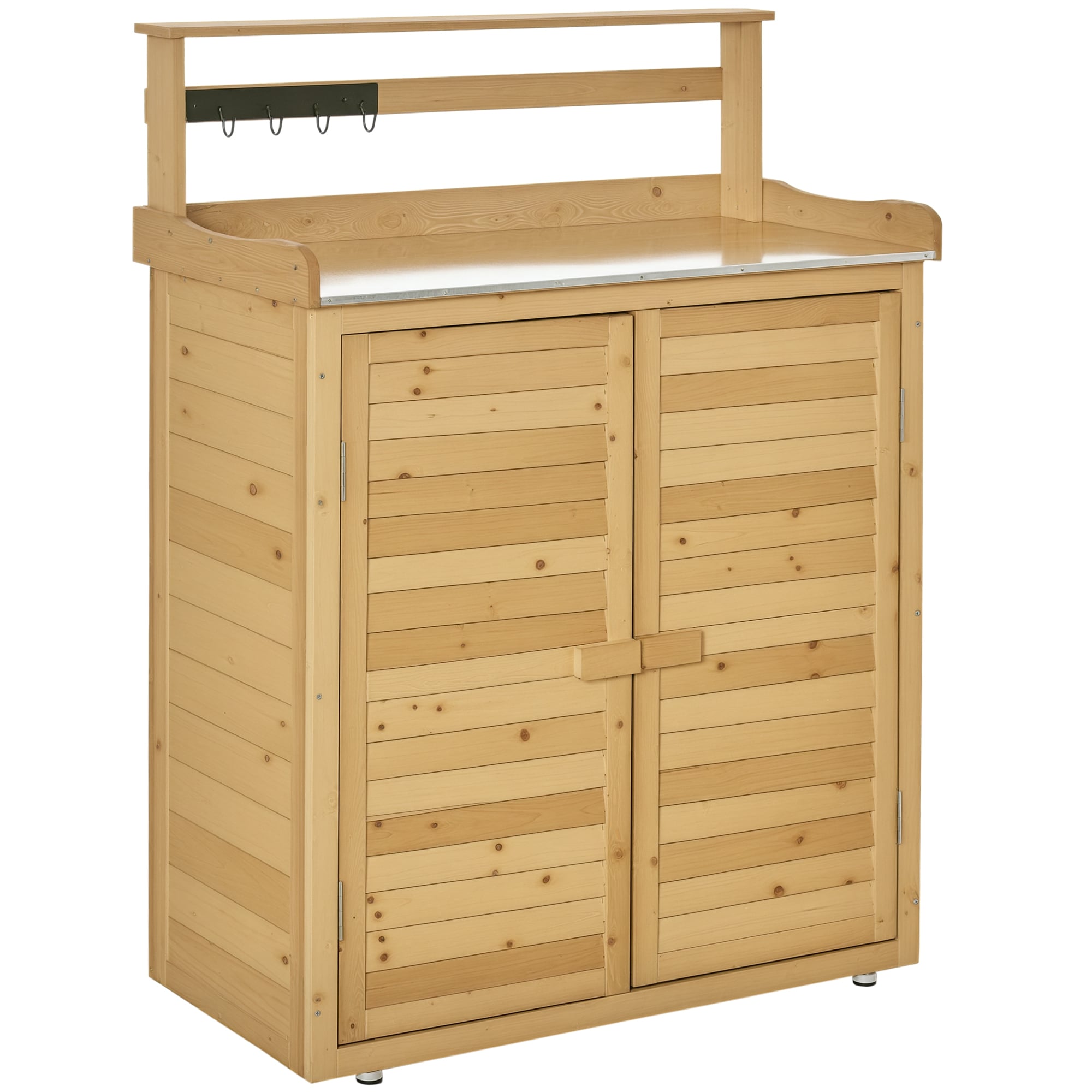 Outsunny 845-358 Garden Potting Bench Table Wooden Workstation Shed with Tabletop Hooks 3-Tier Shelves Cabinet and 2 Magnetic Close Doors