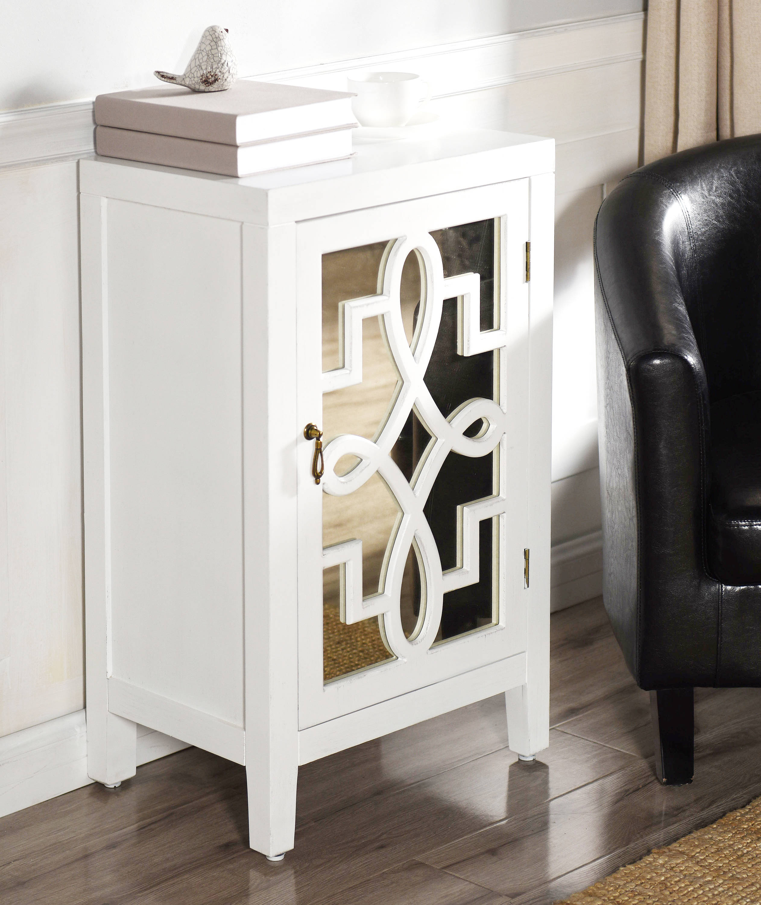 Roxie Rose Mirrored White Nightstand with Lattice Scroll Design