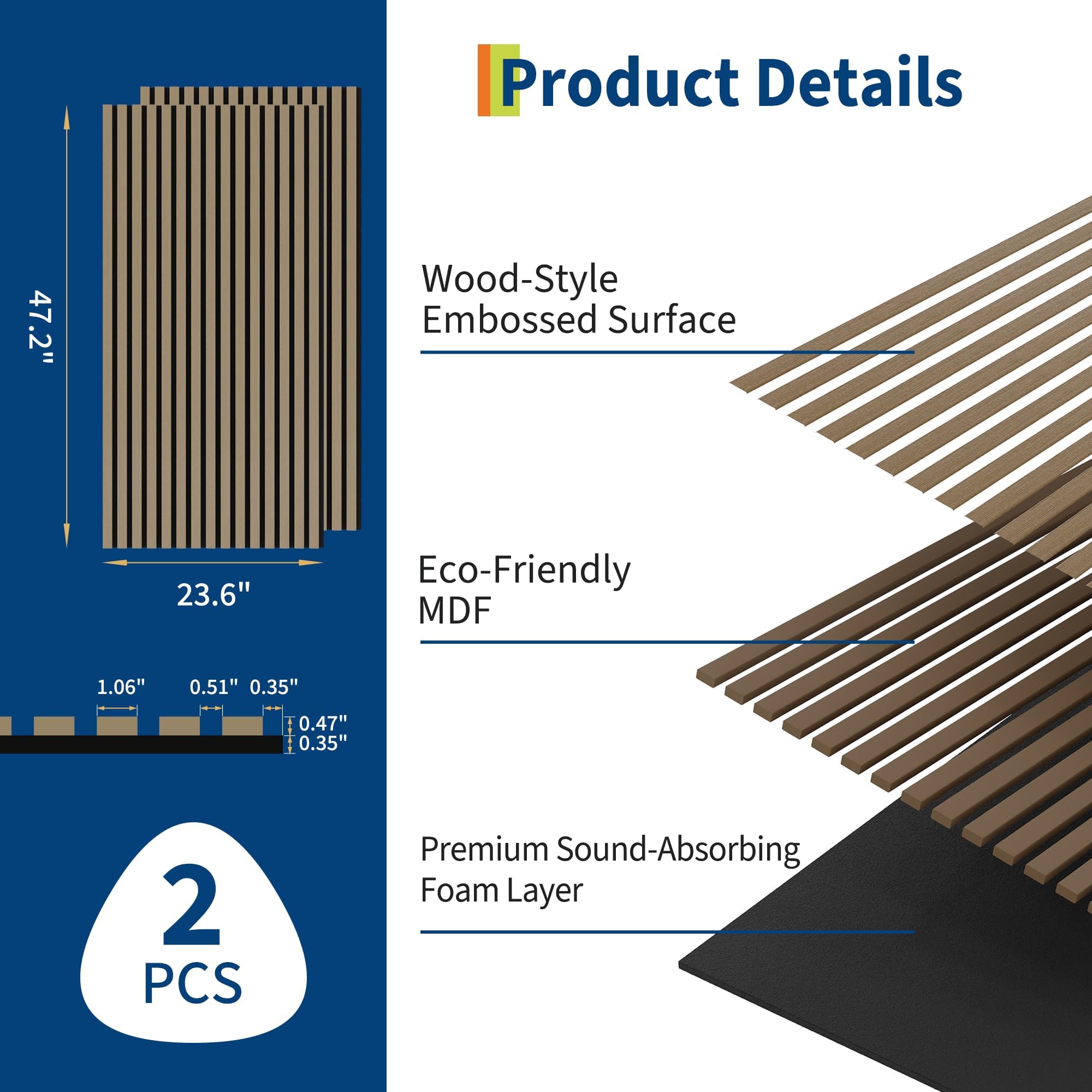 2 Pack 3D Fluted Wood Slat Acoustic Panels 47.2 in x 23.6 in Total 15.5 ...