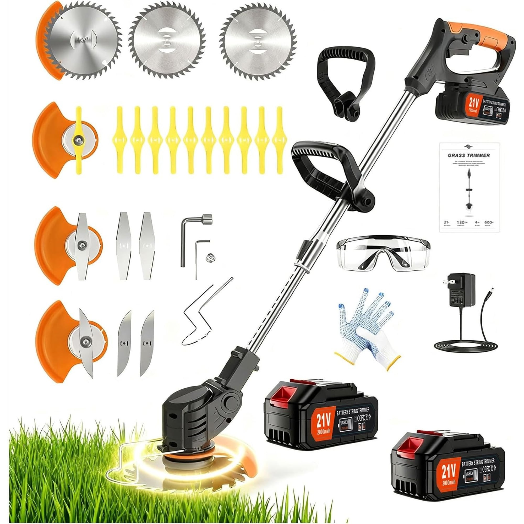 Angel Sar Electric Weed Wacker Cordless String Trimmer Edger Lawn Tool with 2 Lithium Batteries and 4 Blades for Gardens Patios
