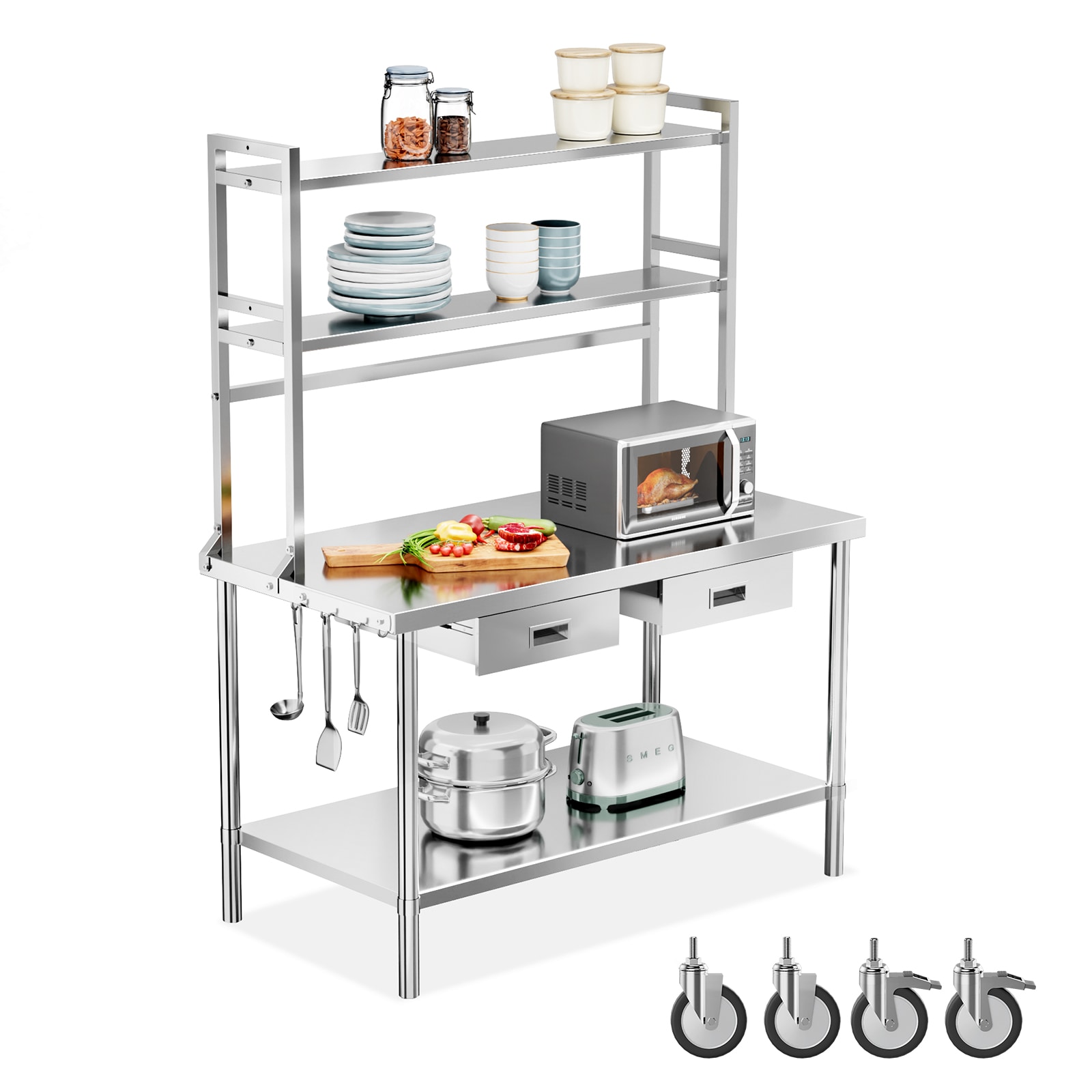 ROVSUN 48 x 24 Stainless Steel Table with Wheels Drawers and Adjustable Undershelf Detachable Hooks for Kitchen Restaurant