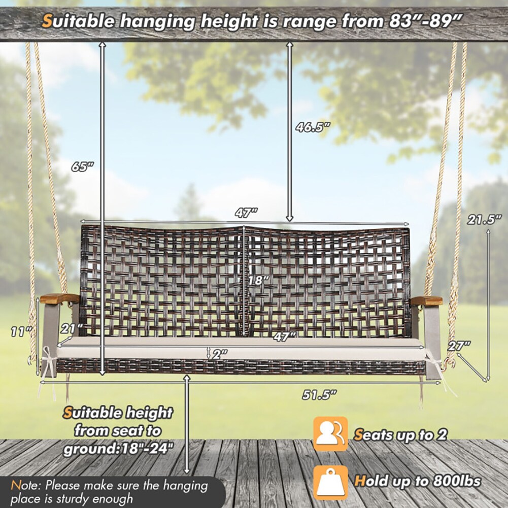 VERYKE 2 Person Rattan Hanging Porch Swing Chair Off White 2 Seater ...