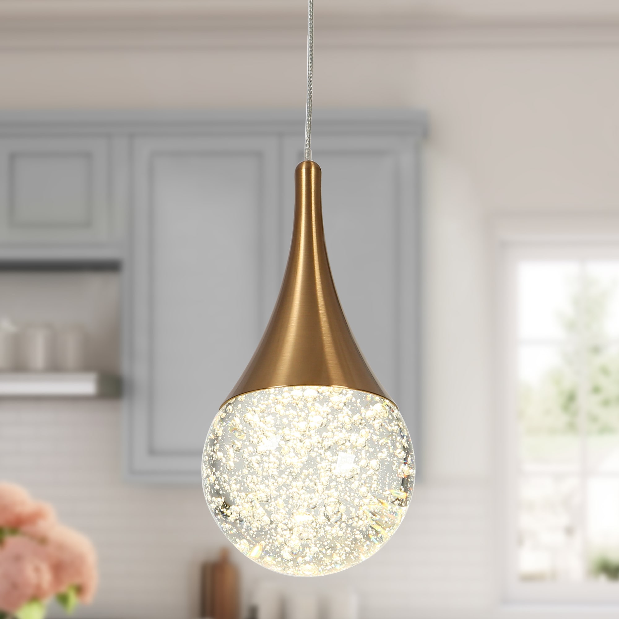LNC HA05113P Dandelion 1 -Light Polished Gold and Bubble Glass Modern/contemporary Clear glass Teardrop Integrated LED Mini Hanging Pendant light