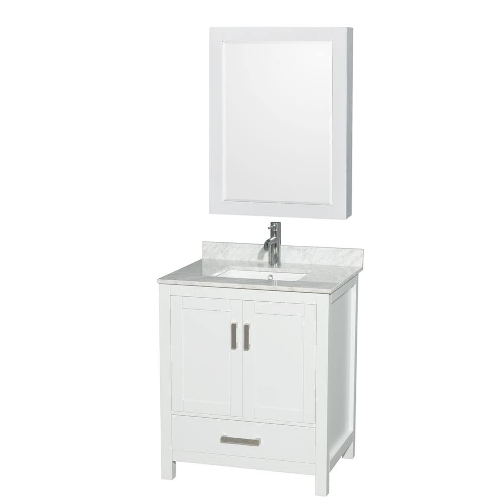 Wyndham Collection WCS141430SWHCMUNSMED Sheffield 30-in White with Brushed Chrome Trim Undermount Single sink Bathroom Vanity with White Carrara Marble Natural marble Top (Mirror Included)