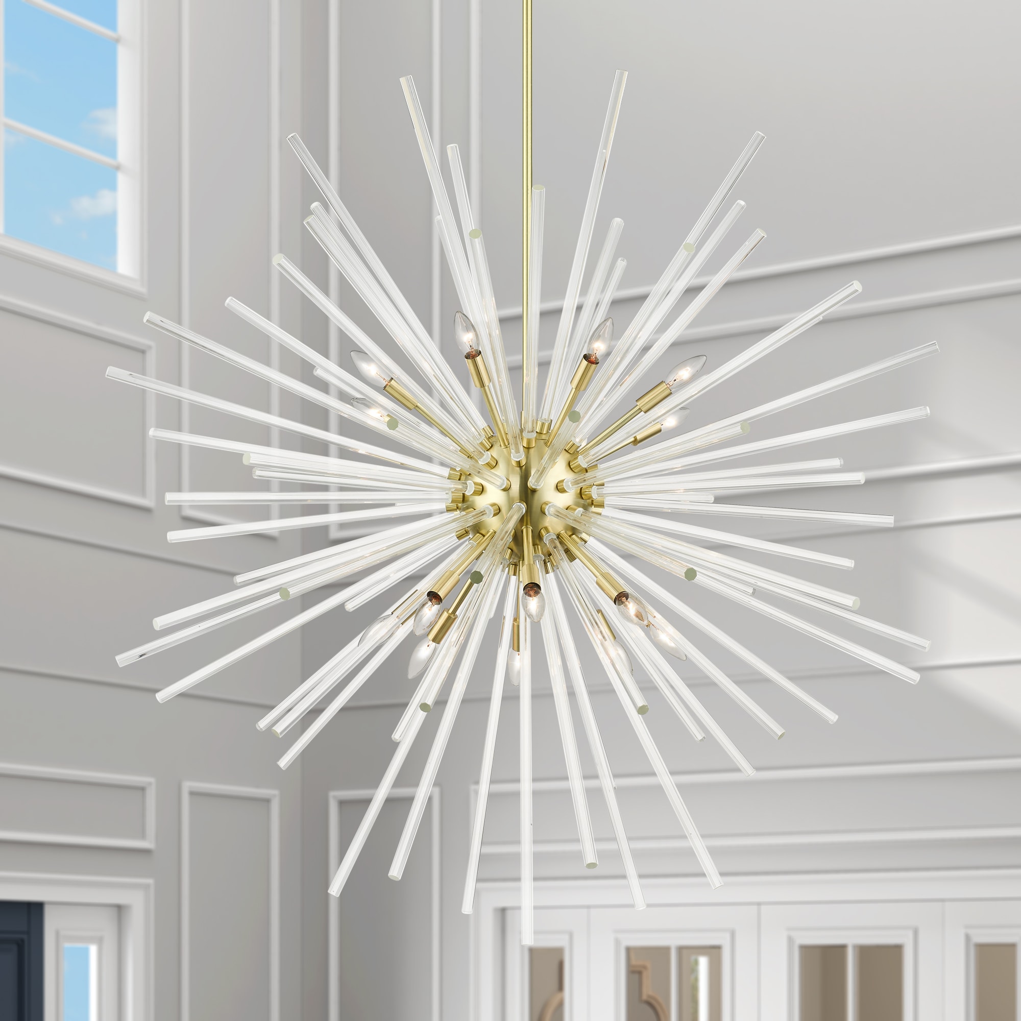 Satin Brass Elegance 16-Light Chandelier with Clear Crystal Rods