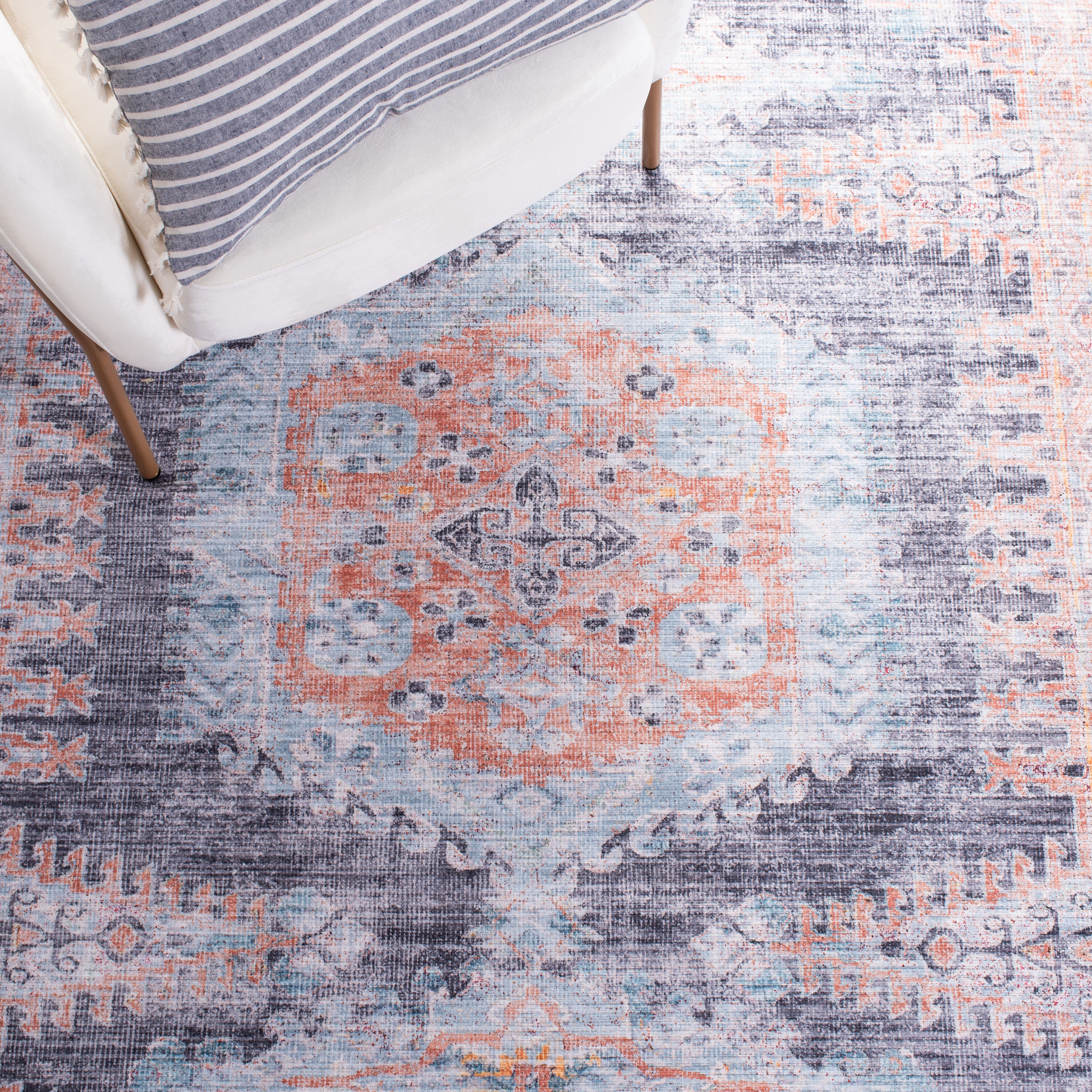 Blue and Terracotta 10' x 14' Washable Viscose Chenille Area Rug