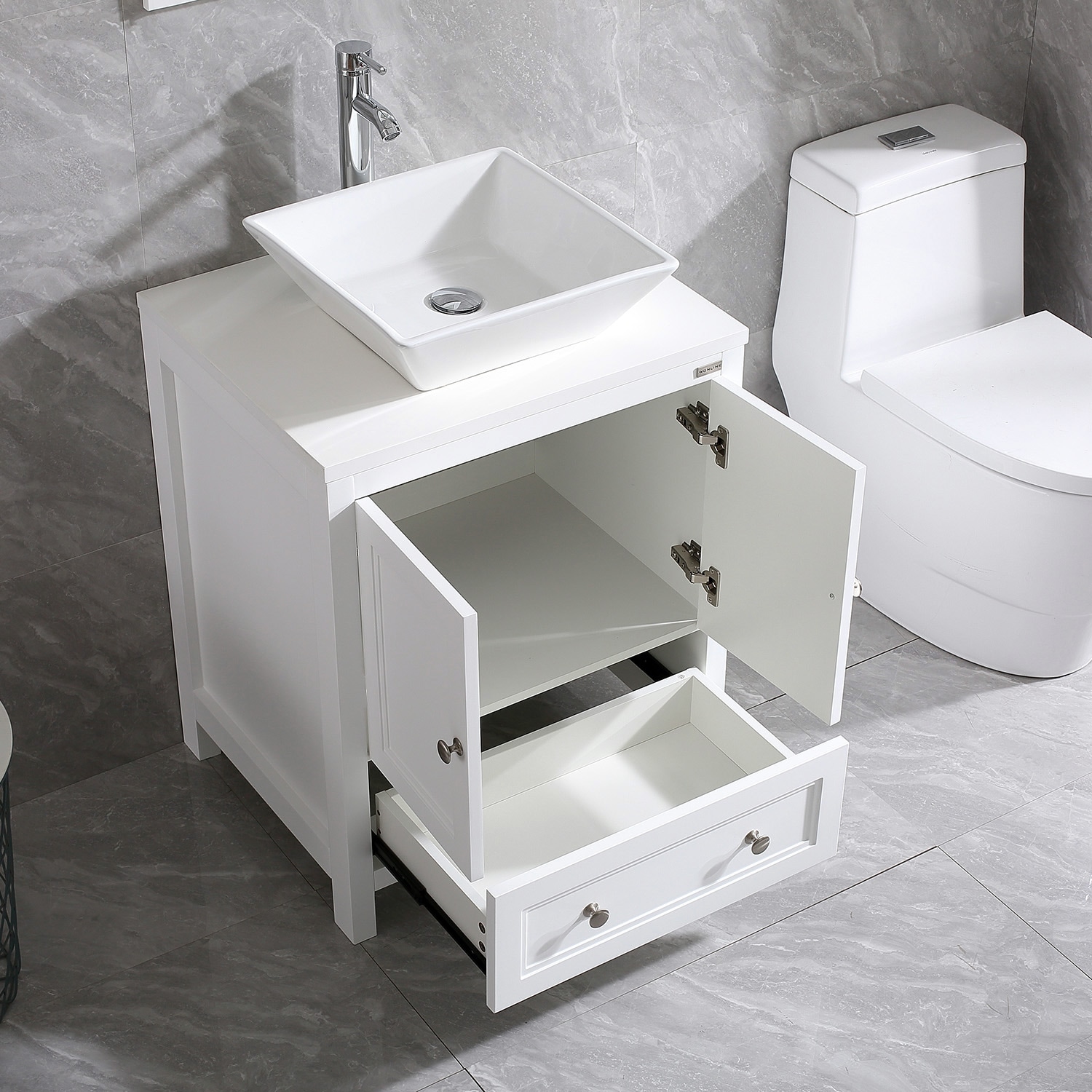 24-Inch White MDF Bathroom Vanity with Ceramic Sink and Mirror