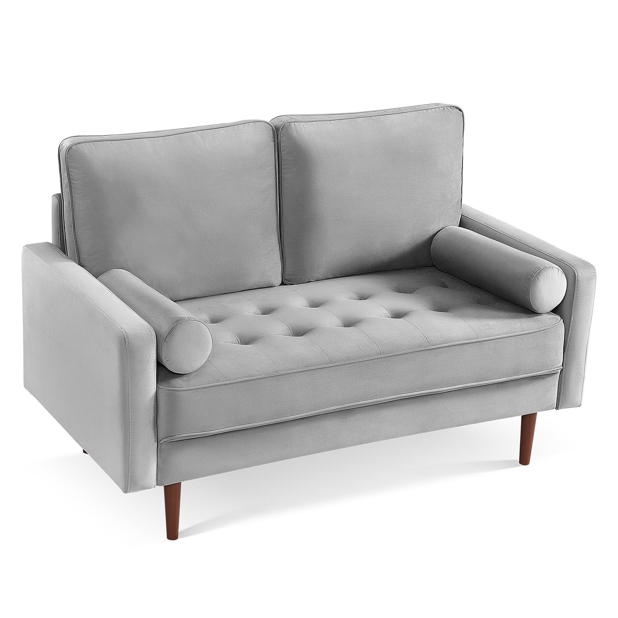 57 Inch Grey Velvet Loveseat with Bolster Pillows