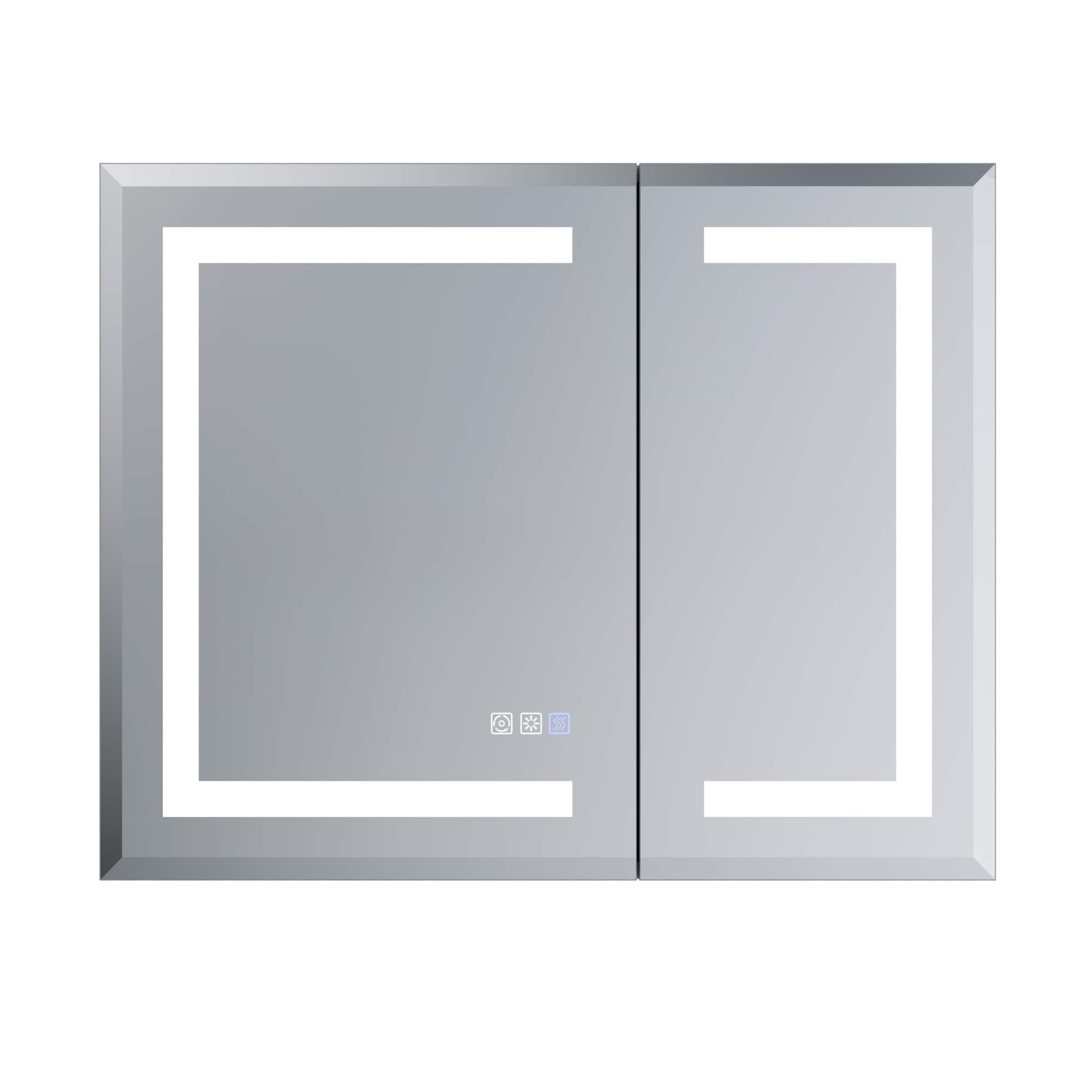 ExBrite EXMC3024V17DB Bevelo 30-in x 24-in Lighted LED Fog Free Surface/Recessed Mount Satin Silver Mirrored Rectangle Soft Close Medicine Cabinet