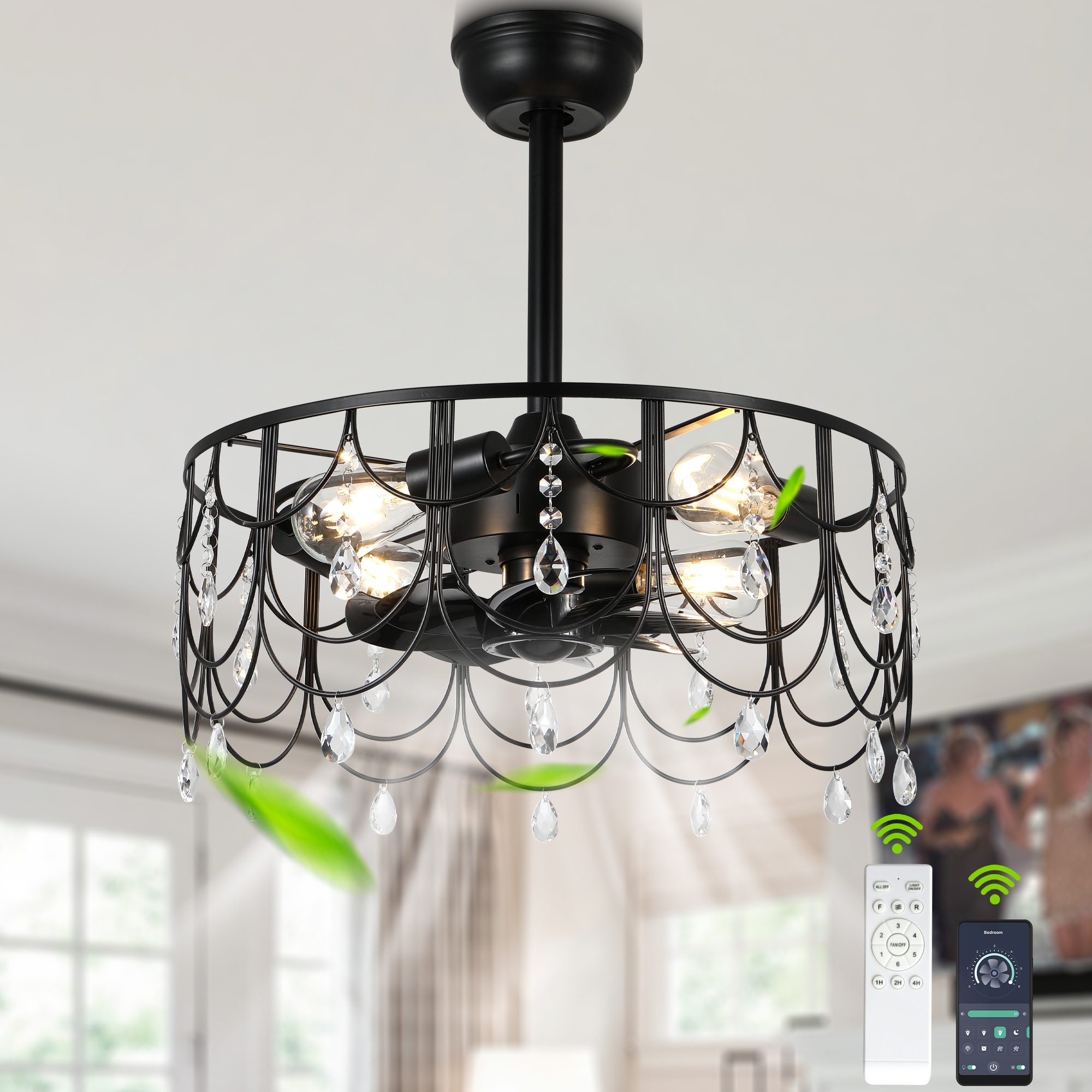 Bella Depot DCFSD2105-B Modern 21-in Color-Changing Outdoor Black with Clear Blades Ceiling Fan Light kit compatible and Remote ( 7 -Blade )