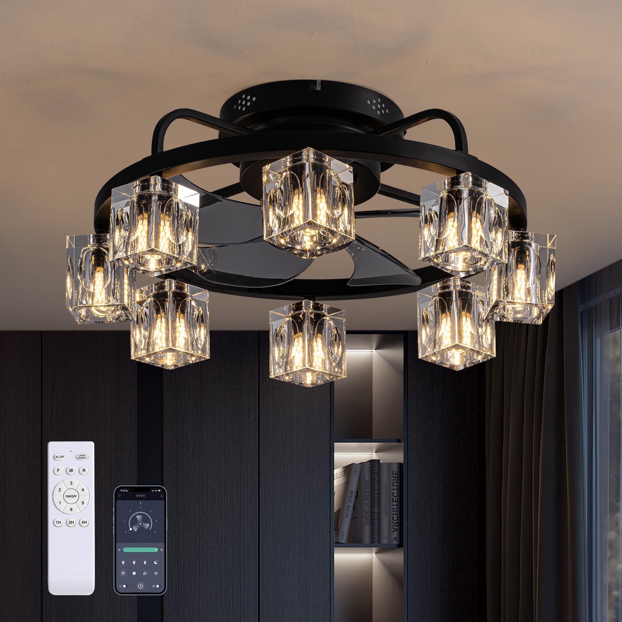 SILJOY CFL-1178-01 Flush mount Ceiling Fan with Light and Remote Control Include