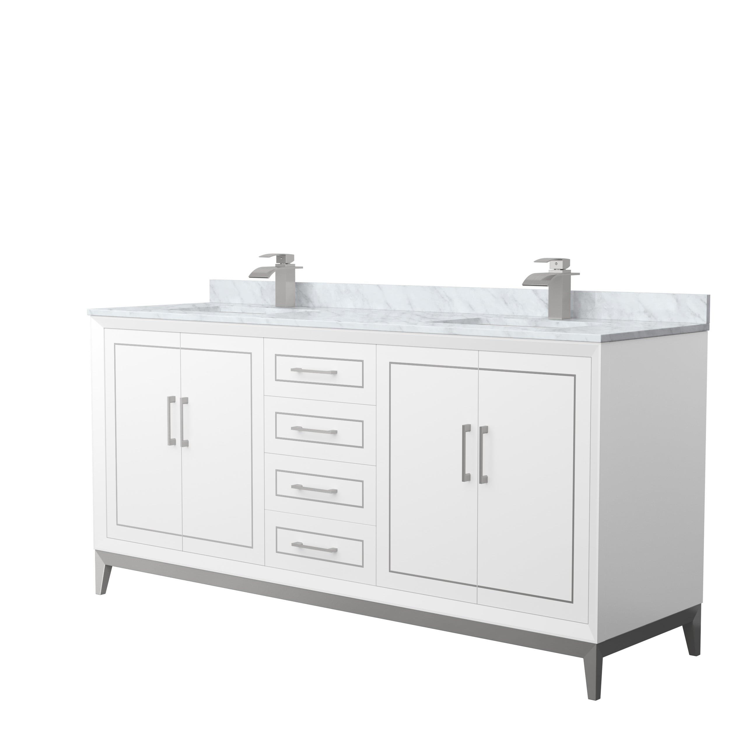 Wyndham Collection WCH515172DWHCMUNSMXX Marlena 72-in White with Brushed Nickel Trim Undermount Double Sink Bathroom Vanity with White Carrara Marble Natural Marble Top