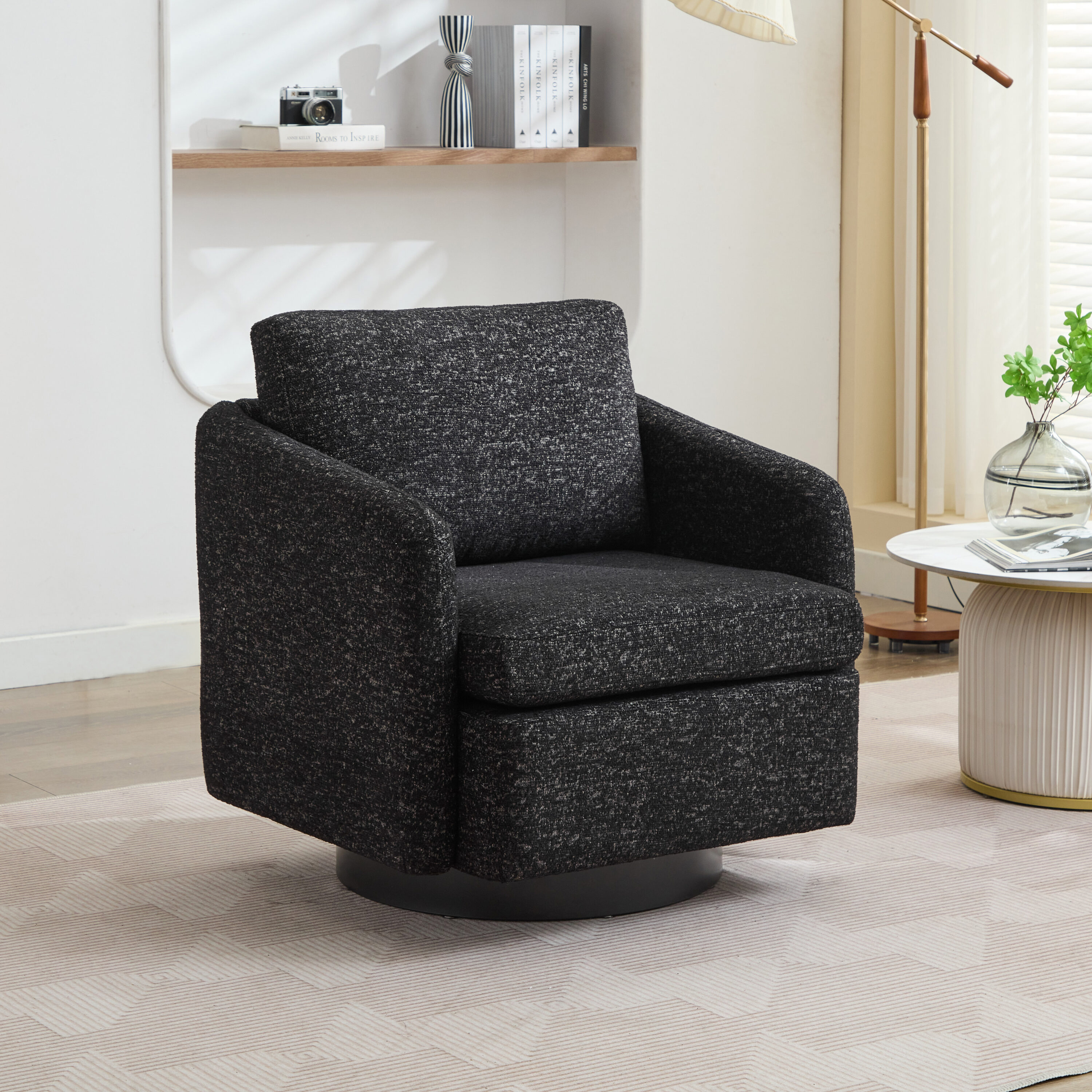 Hrinhom HC-W1107-BLACK Modern BLACK Chenille Swivel Accent Chair