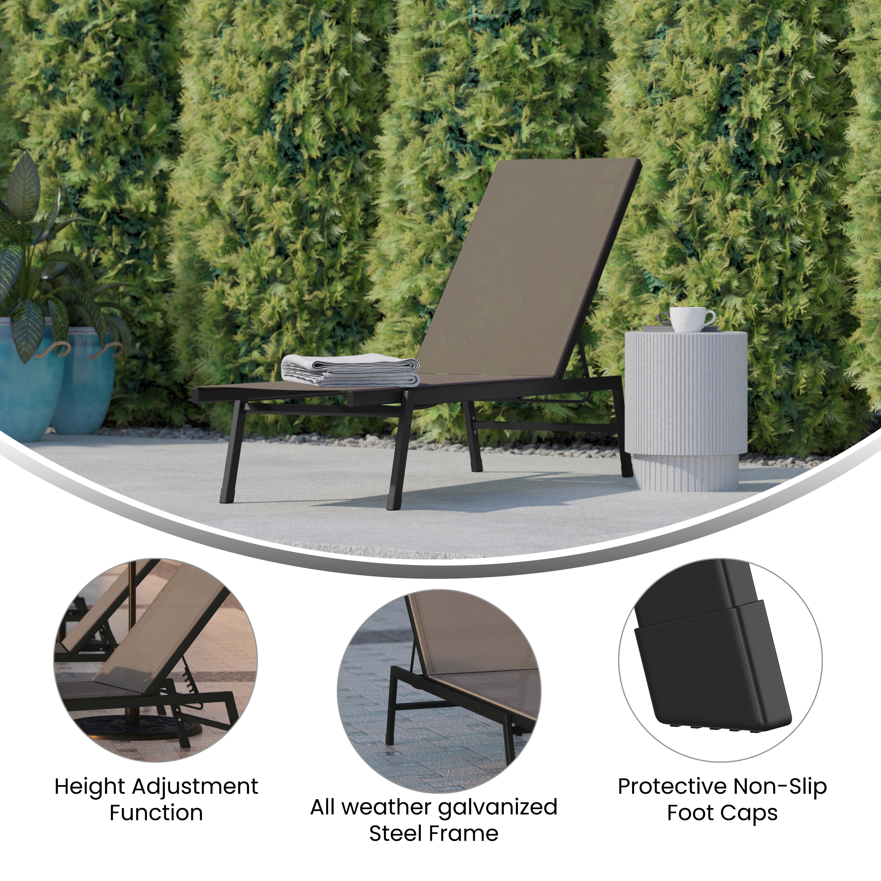 Brazos Adjustable Brown and Black Steel Outdoor Chaise Lounge Chair