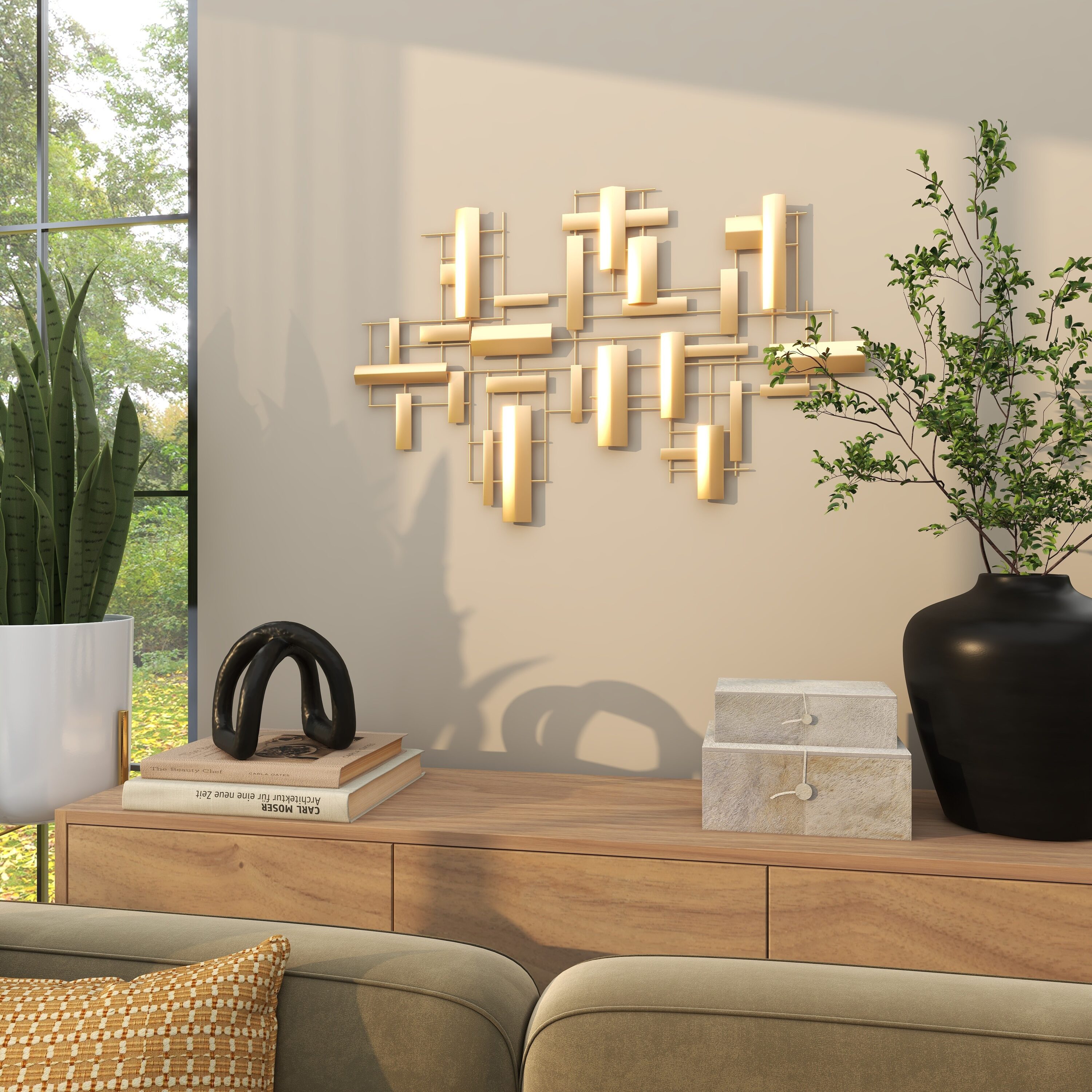 Gold Metal 3D Stripe Geometric Rectangle Wall Art, 36"x23"