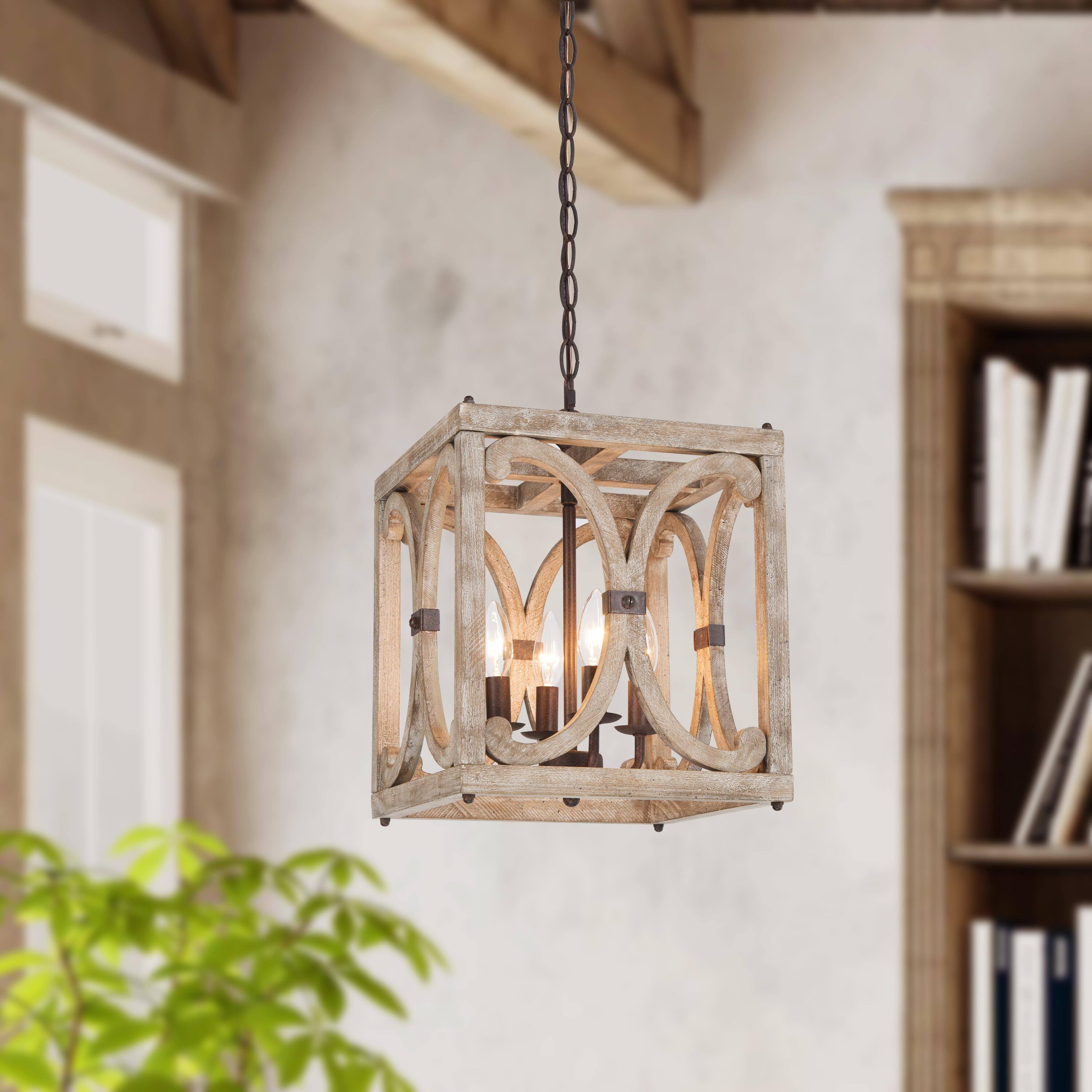 LNC RAVE3ILWS4009R7 Quaint 4 -Light Hand Craft Distressed Gray Wood and Rustic Bronze Farmhouse Square Medium Hanging Kitchen island light