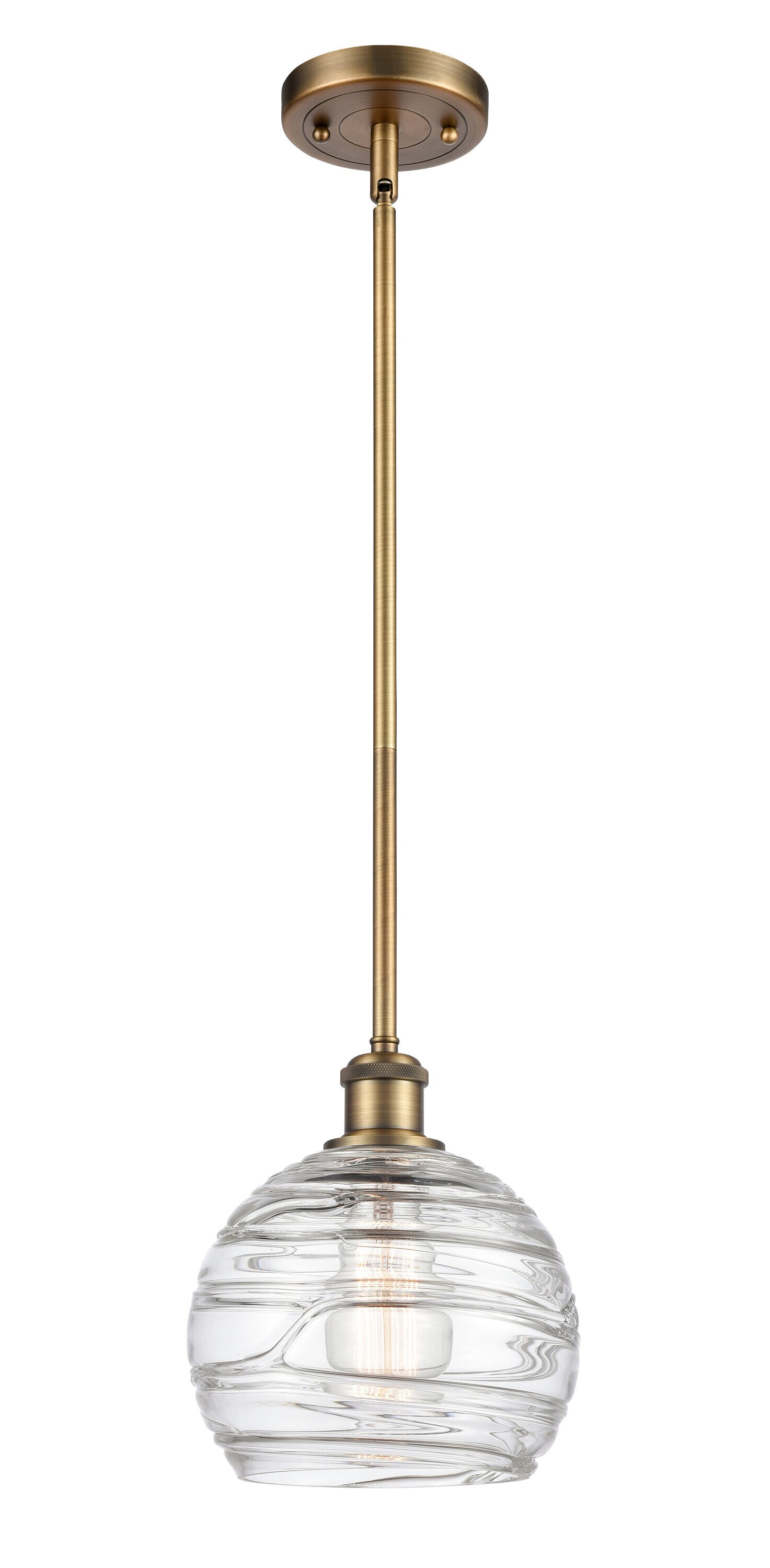 Innovations Lighting 516-1S-BB-G1213-8 Athens Deco Swirl 1 -Light Clear Deco Swirl, Brushed Brass Industrial Clear glass Globe Medium Hanging Pendant light