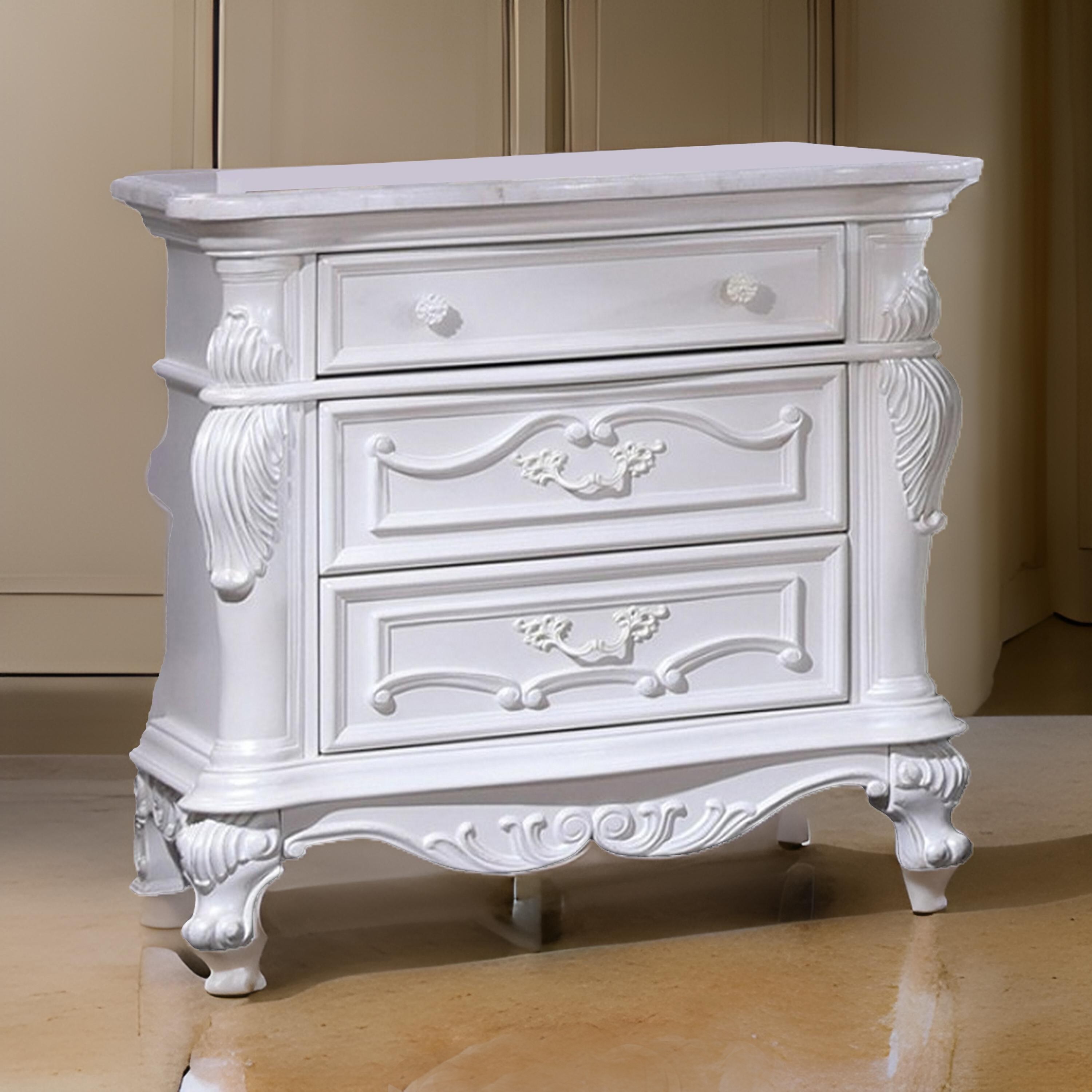 Venta White Solid Wood 3 Drawer Nightstand with Carved Details