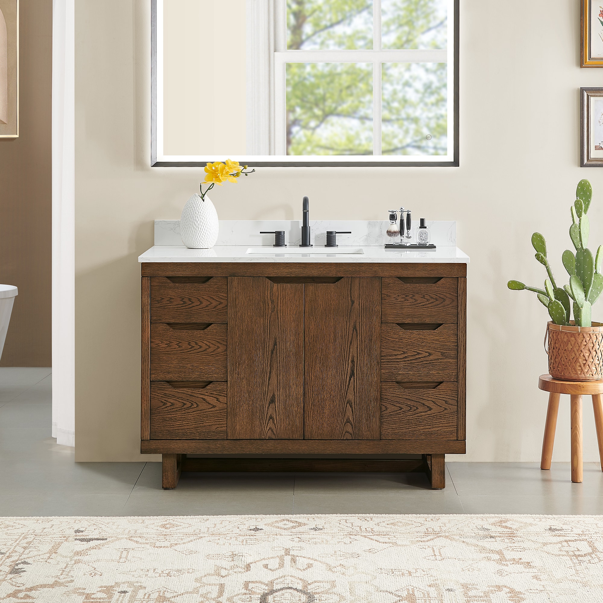 Altair 573048-BK-GW-NM Mowry 48-in Brown Brushed Oak Undermount Single Sink Bathroom Vanity with Grain White Engineered Stone Top