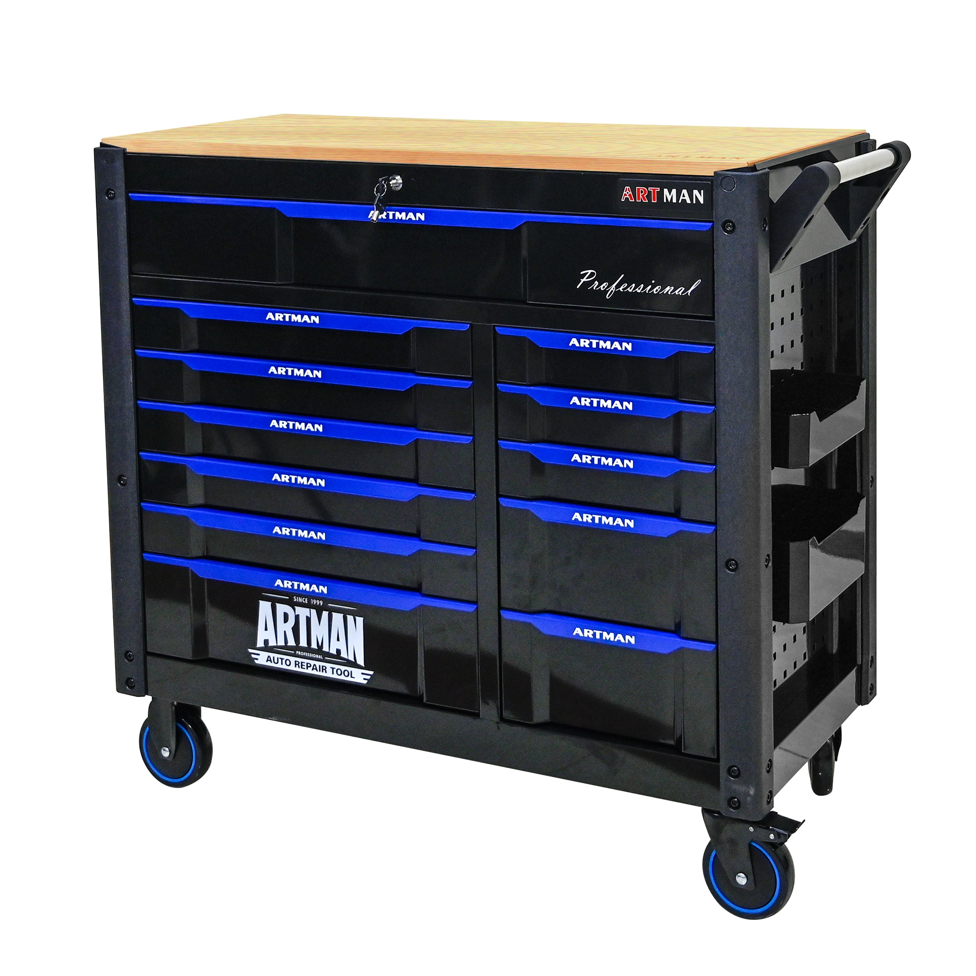LOVMOR  12 Drawer Ball Bearing Slide Tool Chest Lockable Tool Storage Organizer Steel with Locking Wheels Black and Blue Heavy
