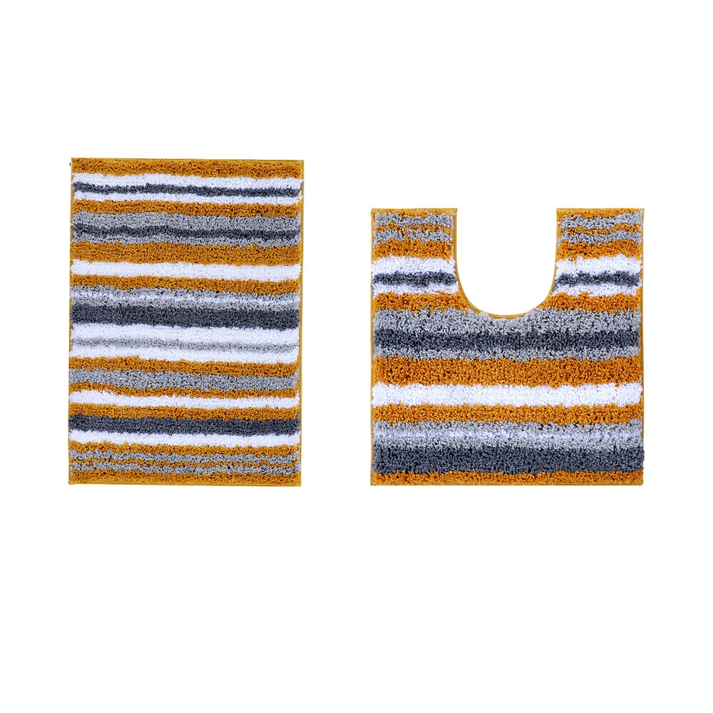 Mustard and Gray Striped Polyester Bath Rug Set