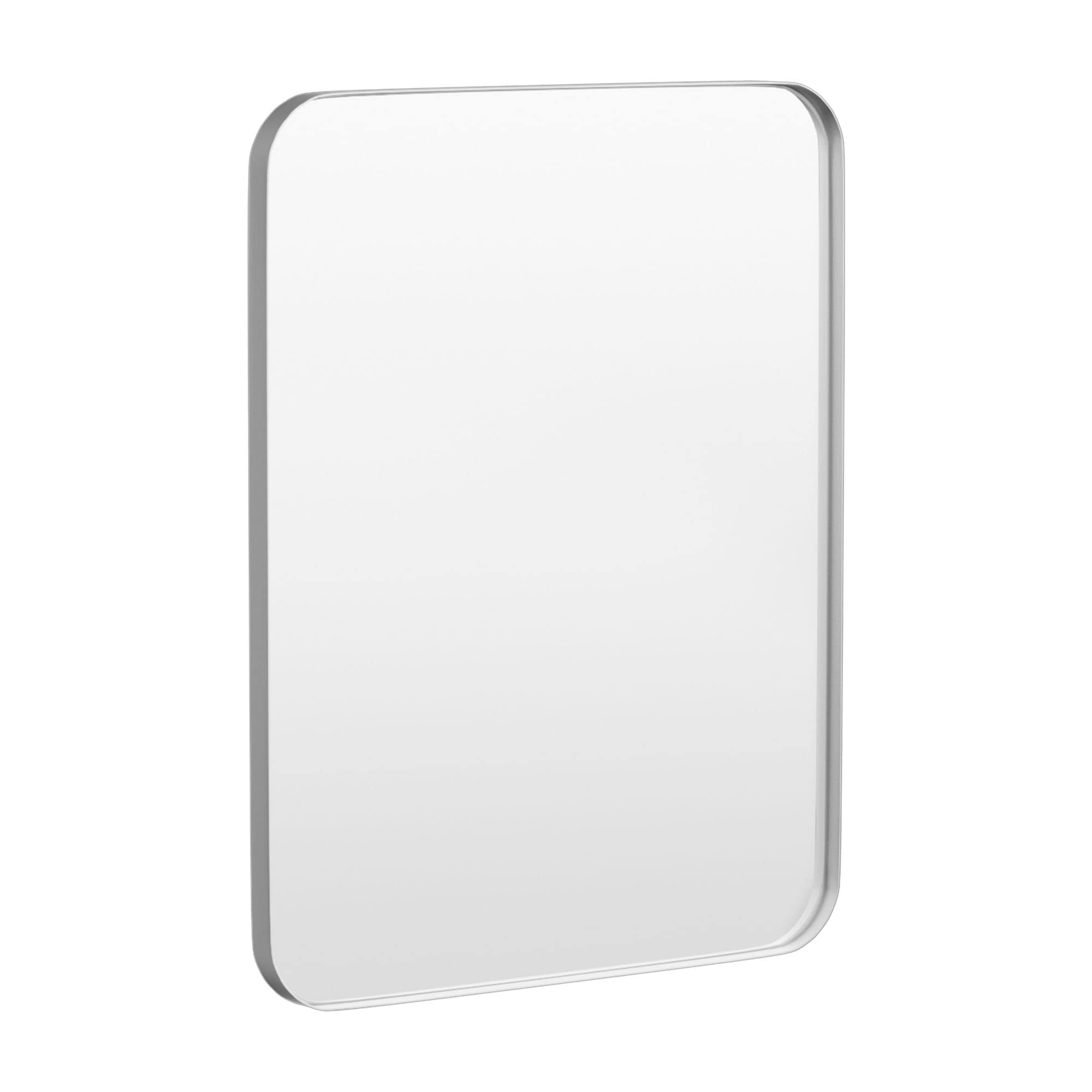 LOVMOR Y-TM2836-S 28 in. W x 36 in. H Tempered Glass Rounded Rectangle Framed Wall-Mounted Bathroom Vanity Mirror in Silver