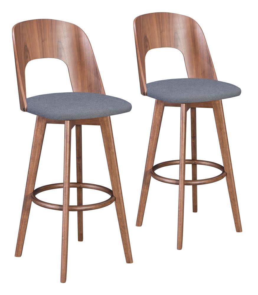 Zuo Modern 101019 Anton Set of 2 Walnut and Dark Gray 31.3-in H Bar height Upholstered Wood Bar Stool Back