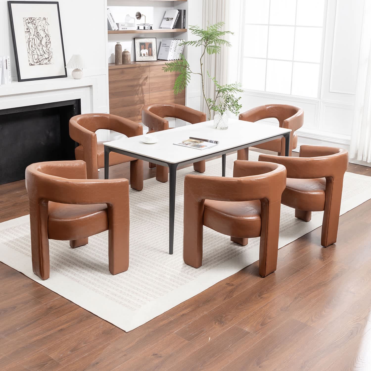 SEYNAR CE709-BROWN-S6 Modern Glam PU Leather Upholstered Dining Chair Open Back Accent Chair Set of 2