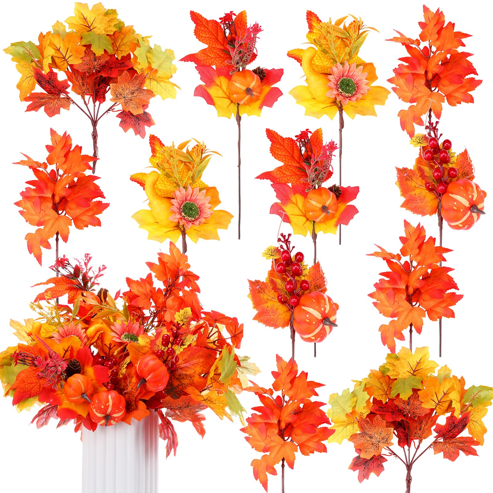 Oyezvary  12 Pcs Artificial Fall Leaf Stems with Pumpkins Sunflower Berries and Pine Cones for DIY Wreath Vase and Thanksgiving Centerpiece Decor