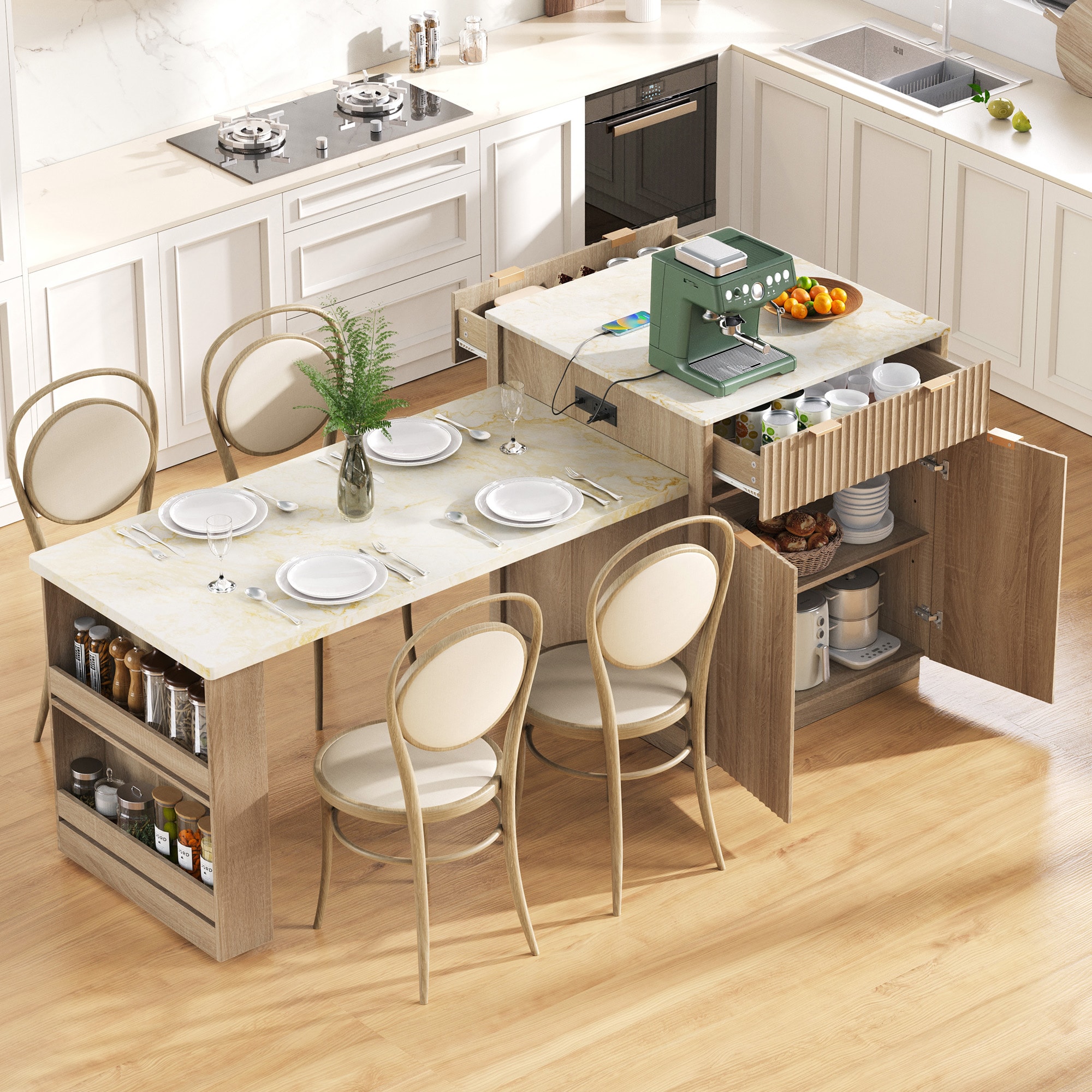 GZMR - Brown MDF Base with Faux marble Rolling Kitchen Island ( 21.4-in x 82.6-in x 36.2-in )