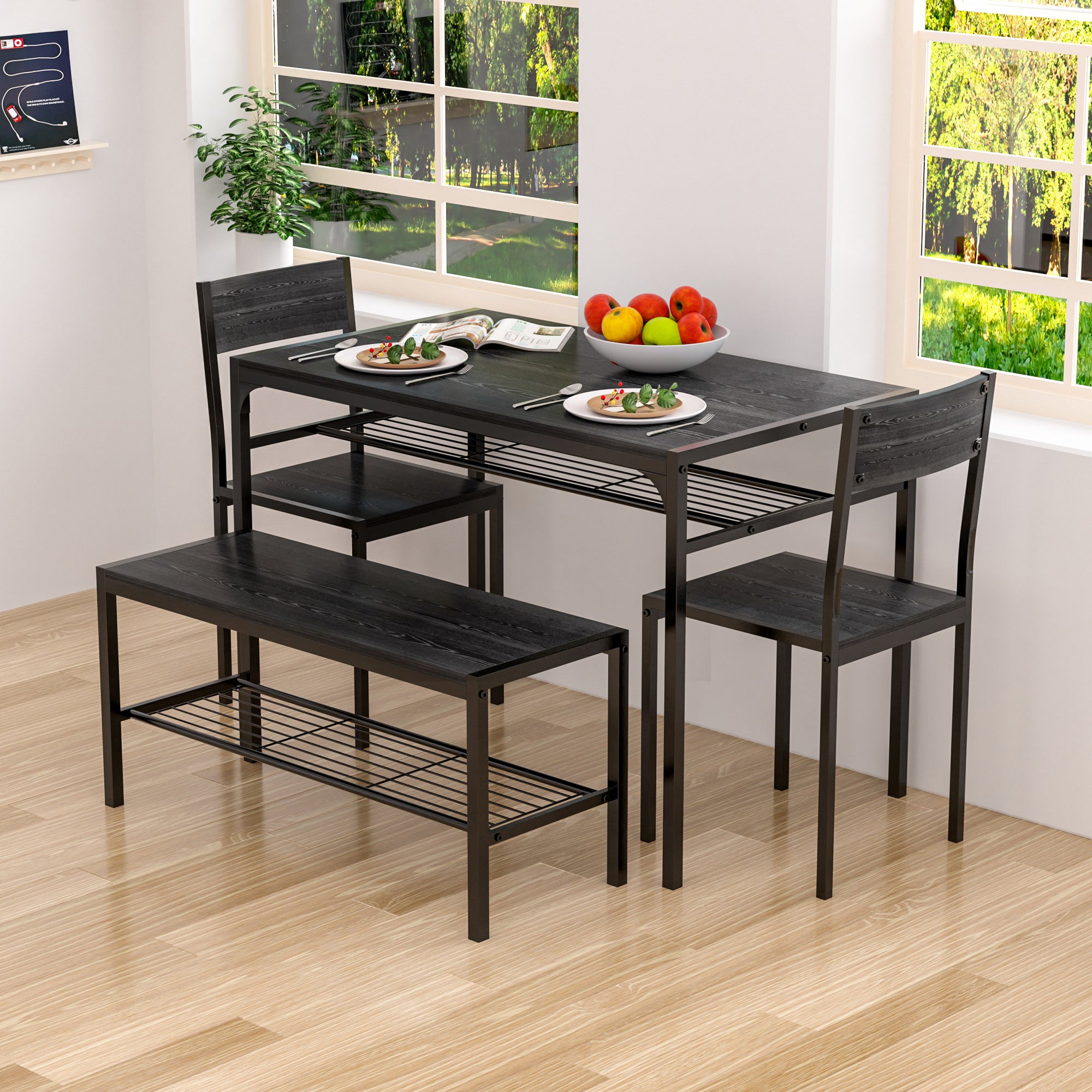 Vecelo LOE-MX-TC20-BLK 4 Person Four Leg Dining Set With Chairs and Bench Rectangular Kitchen Table Set For 4 Farmhouse Breakfast Table Set With Storage Shelf For Small Space