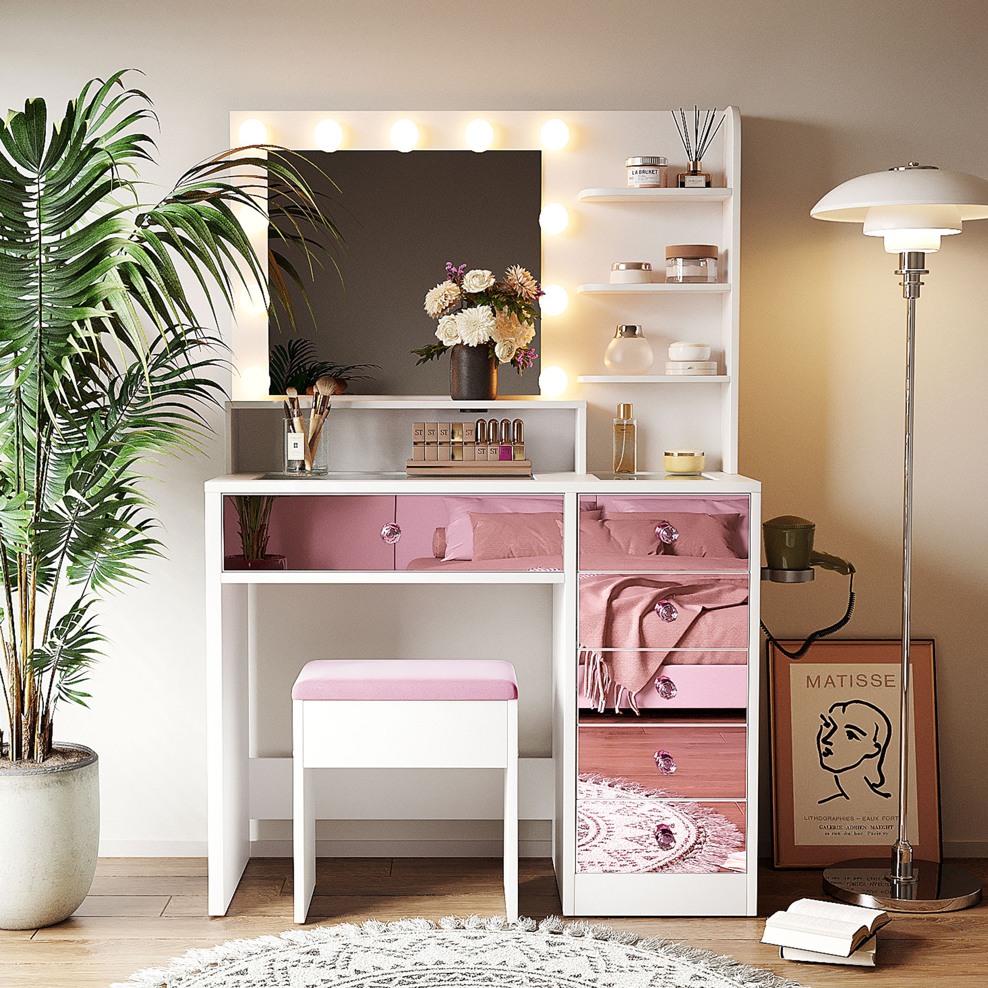 Vynxaria Gulches 2-Piece White and Pink Vanity Desk Set with Glass Top 9 Hollywood Bulbs 3 Color Lighting 6 Drawers Velvet Storage Stool