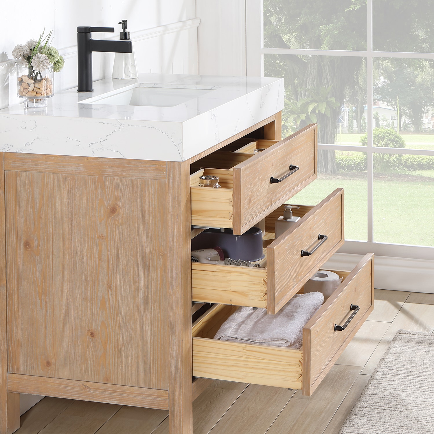 Leon 36" Fir Wood Brown Bathroom Vanity with White Composite Top