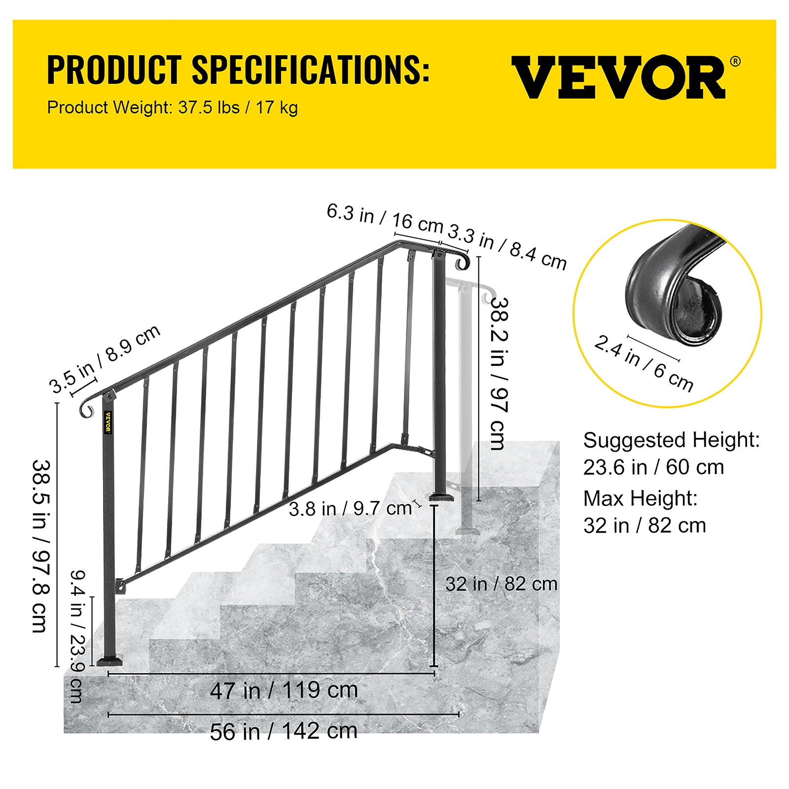 VEVOR 4 ft. Handrails for Outdoor Steps Fit 4 or 5 Steps Outdoor Stair  Railing Wrought Iron Handrail with baluster, Black LTFS4H5BHSTL00001V0 -  The