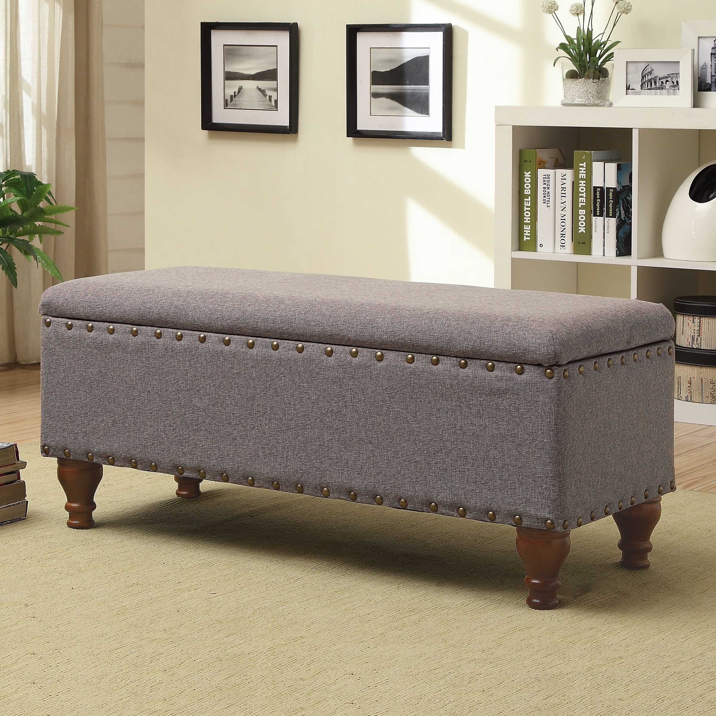 HomePop K6159-F1332 Casual Textured Solid Gray with Nail Head Trim Storage Bench with Storage 42-in x 18-in x 18-in
