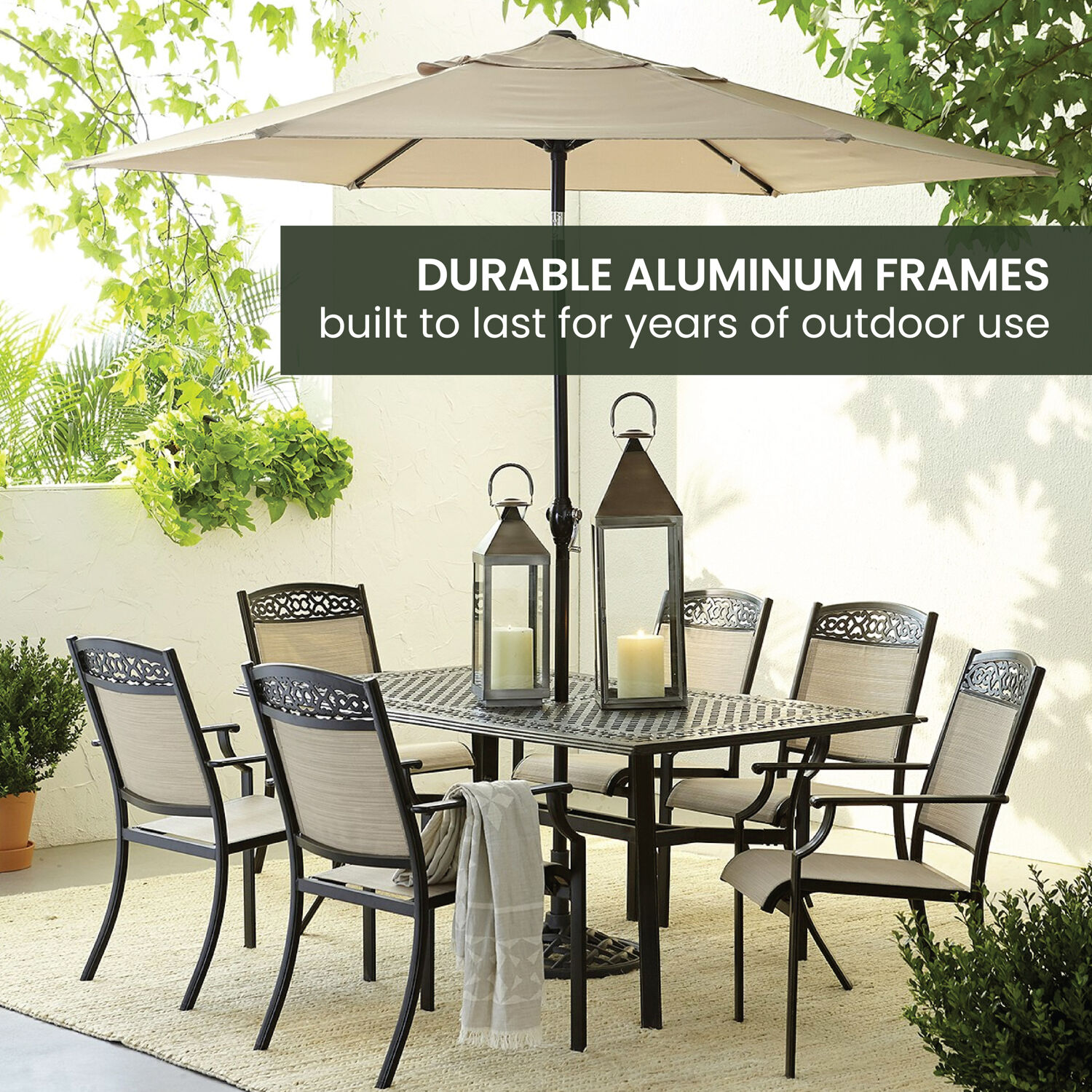 Elegant Rustic 7-Piece Outdoor Dining Set with Cast-Top Table and Sling Chairs
