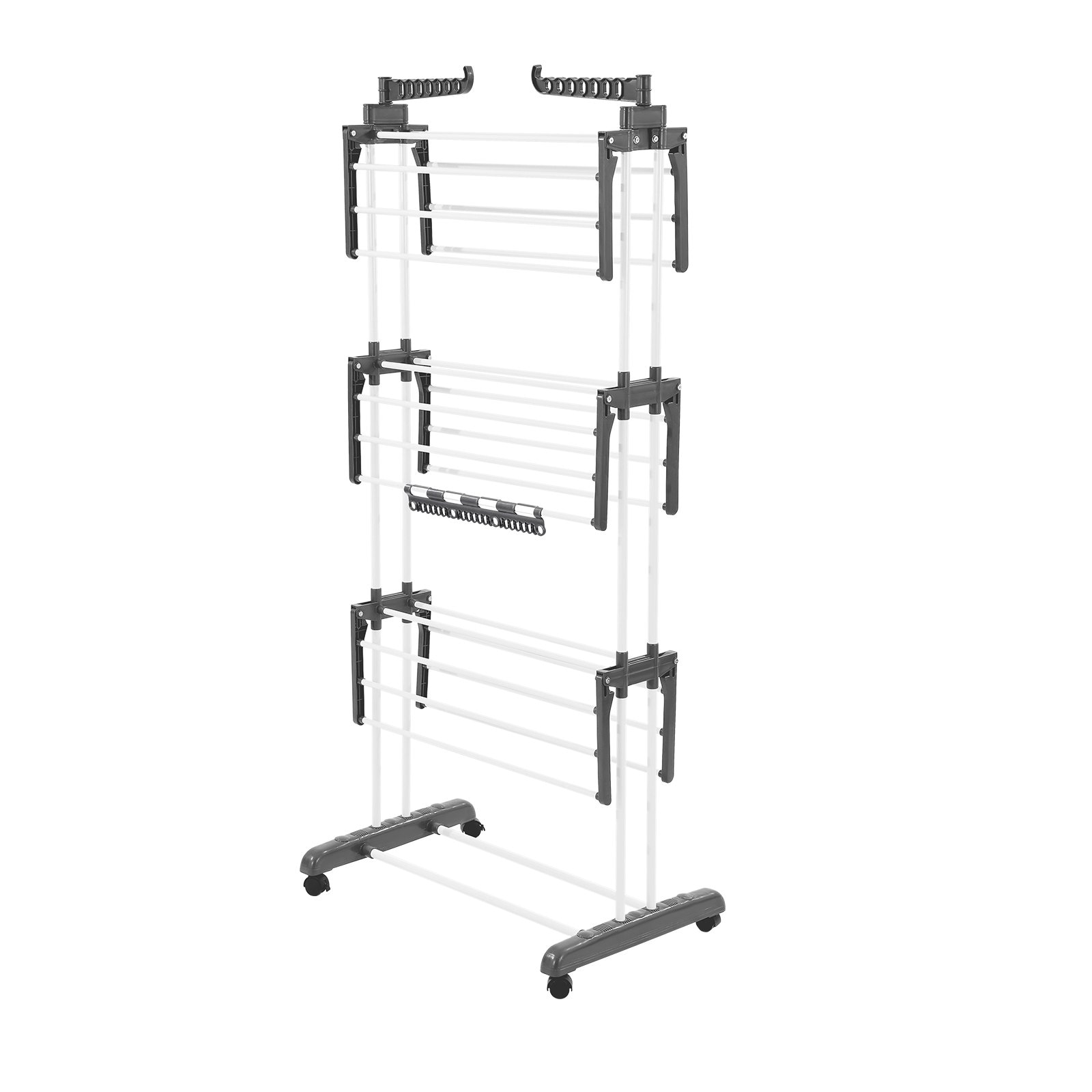 Slickblue 4 Tier White and Gray Iron Tube Clothes Drying Rack with 24 Hanging Rods Foldable Design for Balcony or Patio