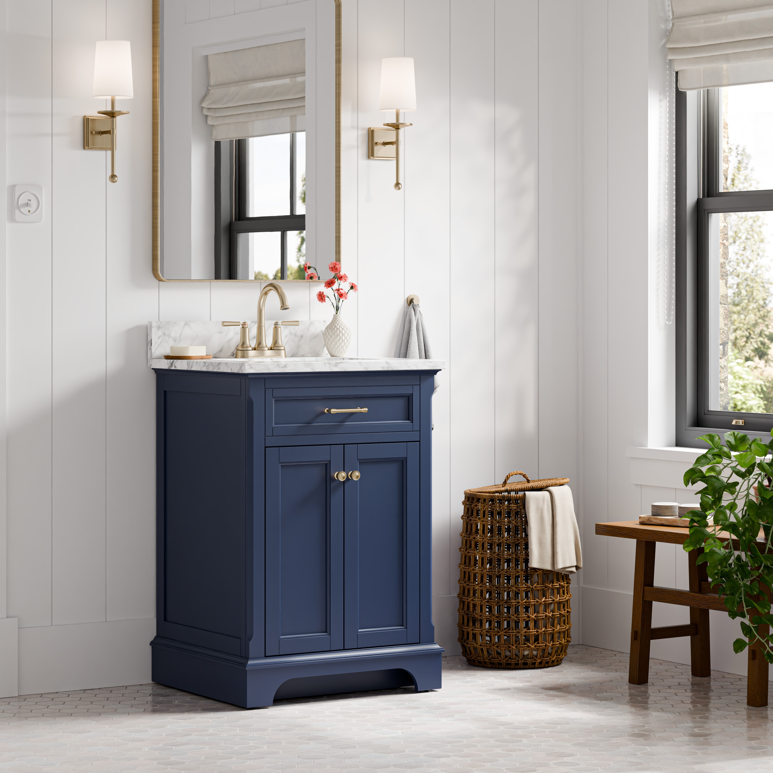 Ayna Decors Rooh 24 In Navy Blue Bathroom Vanity With White Quartz Countertop & Ceramic Sink, 2 Soft Closing Doors, 1 Full Extention Soft Close Drawer Brushed Nickel