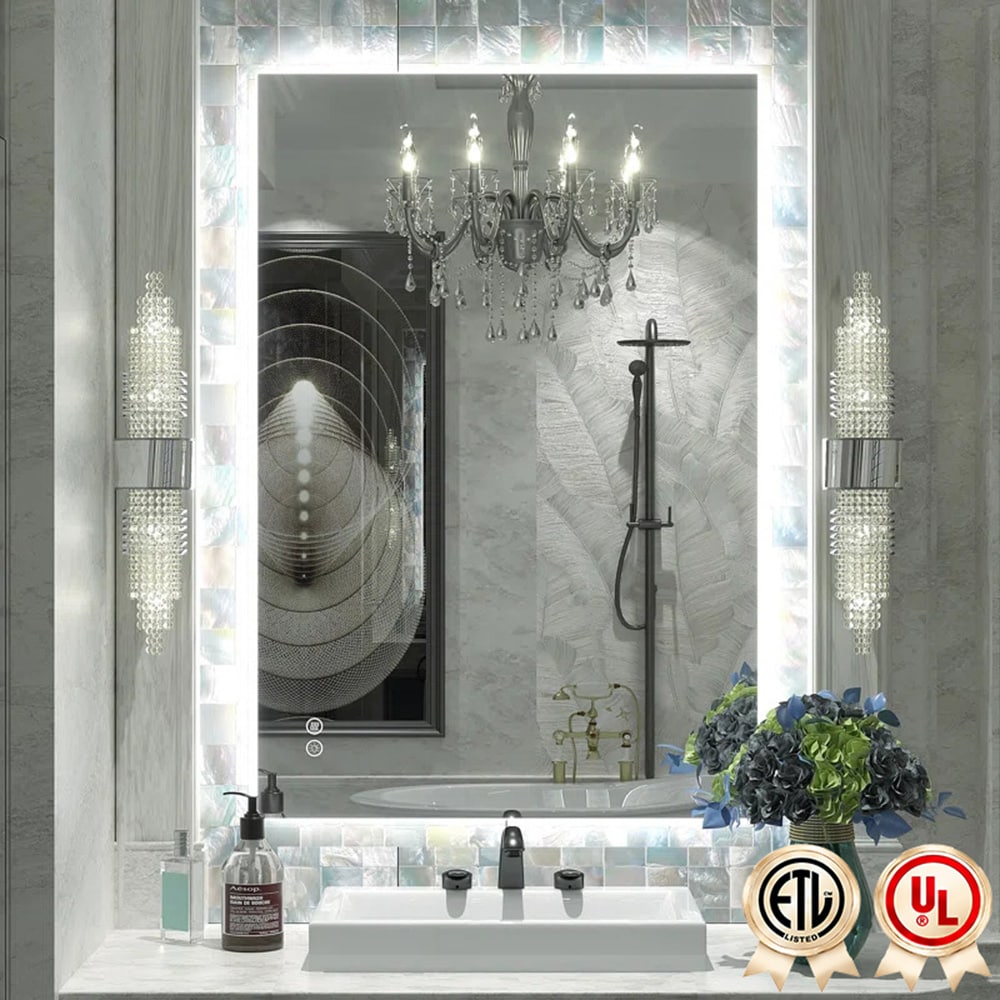 YQP 24x36 Inch UL Certified Anti-Fog Backlit Frameless LED Bathroom Wall Mirror with Tempered Glass