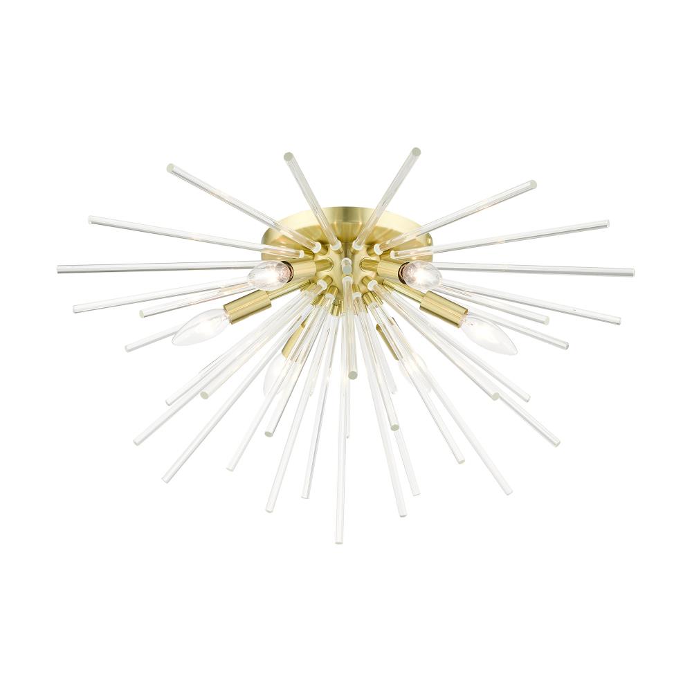 Elegant Satin Brass 6-Light Globe Chandelier with Crystal Rods