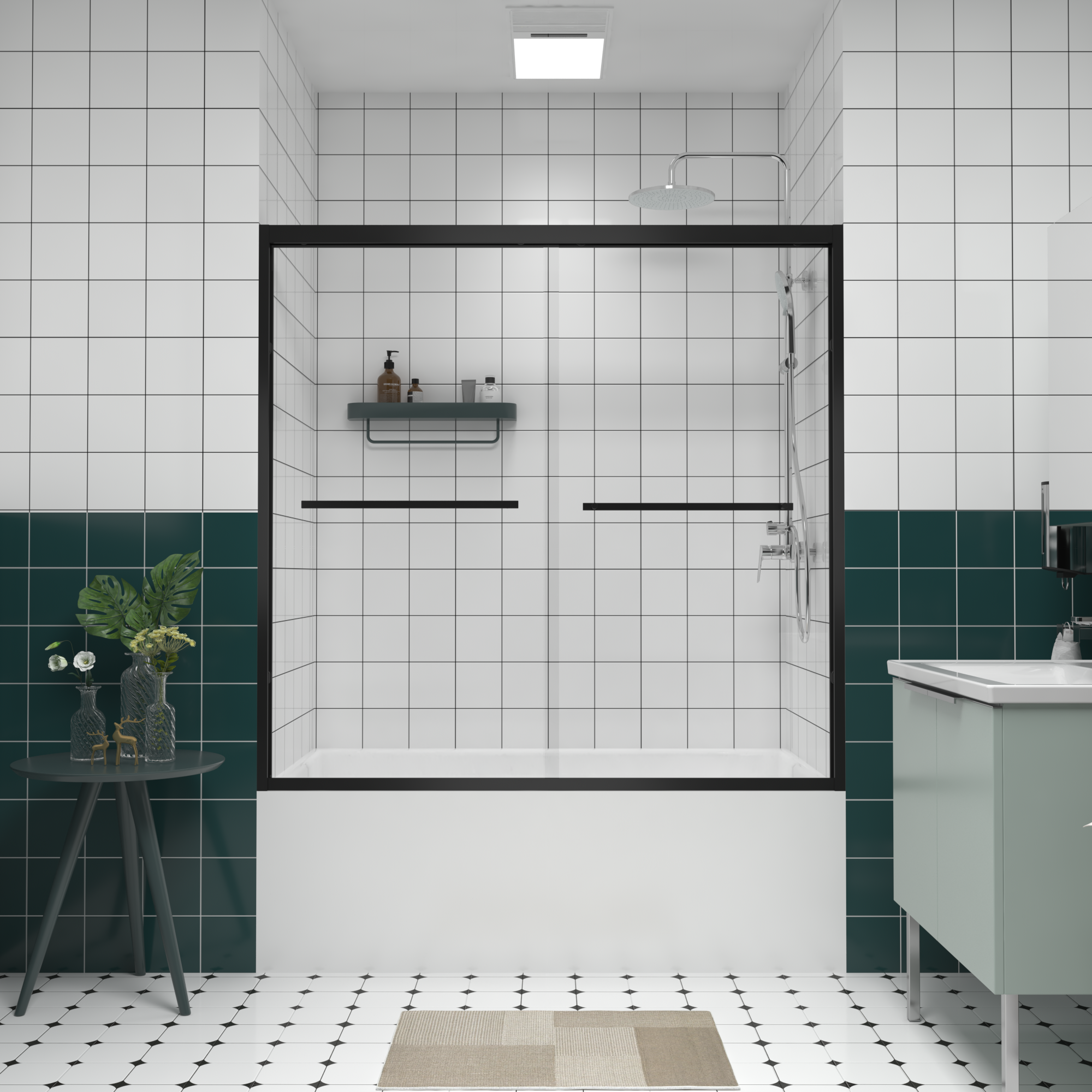 GDFStudio Montello Contemporary 56-60 in. W x 58 in. H Premium 1/4 in. (6mm) Clear Tempered Clear Glass Frame Double Sliding Bypass Bathtub Shower Door with Aluminum Frame - Matte Black